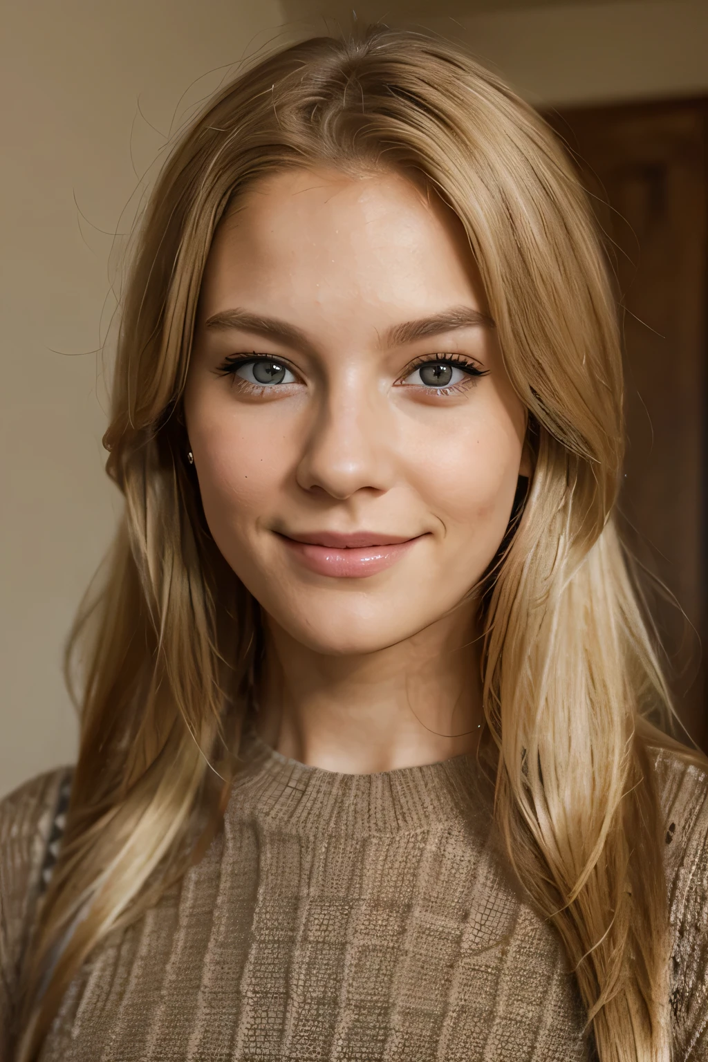 An american lady realistic, with brown eye and a little smiling face, facing camera complete head with full blonde colored hair