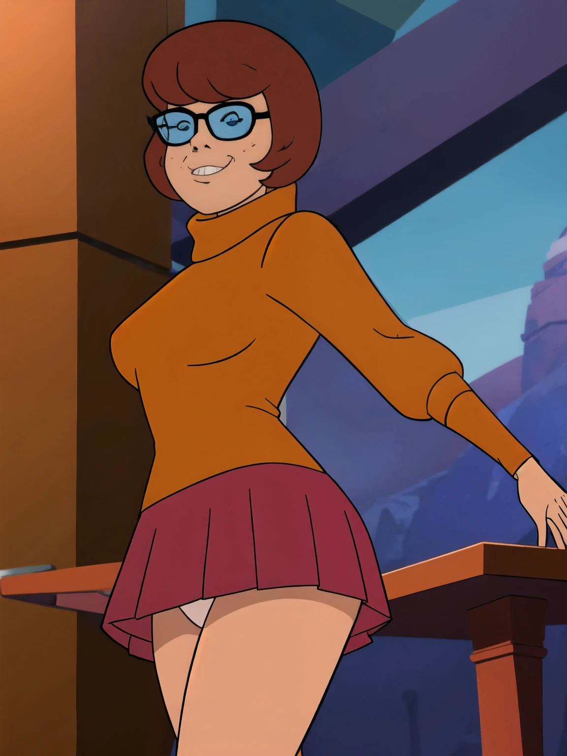 scooby doo cartoon,velma dinkley, velma outfit,school skirt,upskirt, white panty,