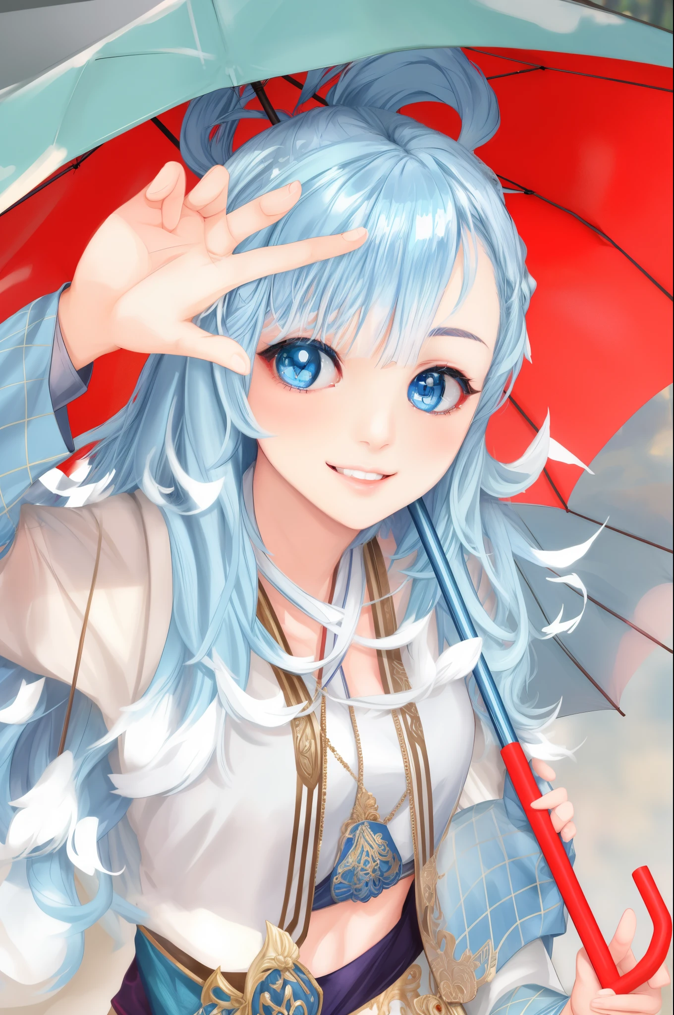 (masterpiece), (best quality), 8k resolution, 1girl, Kobo Kanaeru, realistic ,Higt photos HDR ,beautiful girl, stunning beauty , perfect body, smile, Beautiful girl with blue hair and blue eyes holding an umbrella, 