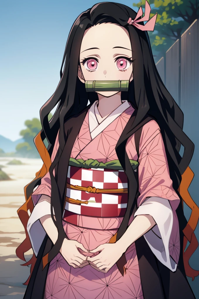 Nezu furnace, Nezuko Kamado, Bamboo, (bit gag:1.5), 1:1,Chibi,Black hair, (Forehead:1.5), gag, Gagged, Hair Ribbon, Long hair, multicolored hair, (Pink eyes:1.5), Orange hair, Slit pupils, Wavy Hair, Two-tone hair,
Break asa is not (Pattern), Checkered sash, haori, komono, Kimono, Long sleeves, Obi, Pink kimono, sash, wariza, Wide sleeves,
BREAK looking at viewer,
Break indoors,
BREAK (masutepiece:1.2), Best Quality, High resolution, Unity 8k壁纸, (Illustration:0.8), (Beautiful detailed eyes:1.6), extra detailed face, Perfect Lighting, extremely details CG, (Perfect hands, Perfect Anatomy), different pose