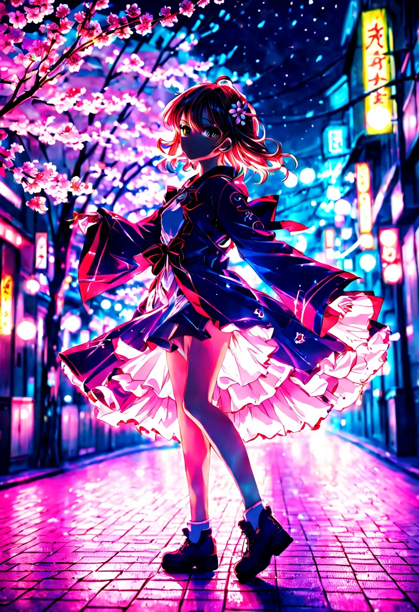 1girl, Magical girl in Tokyo at night, cherry blossoms, neon-lit streets, vibrant colors, dynamic pose, art by CLAMP, (best quality, masterpiece:1.5), HDR, UHD, studio lighting, ultra-fine painting, sharp focus, physically-based rendering, extreme detail description, professional, vivid colors, bokeh