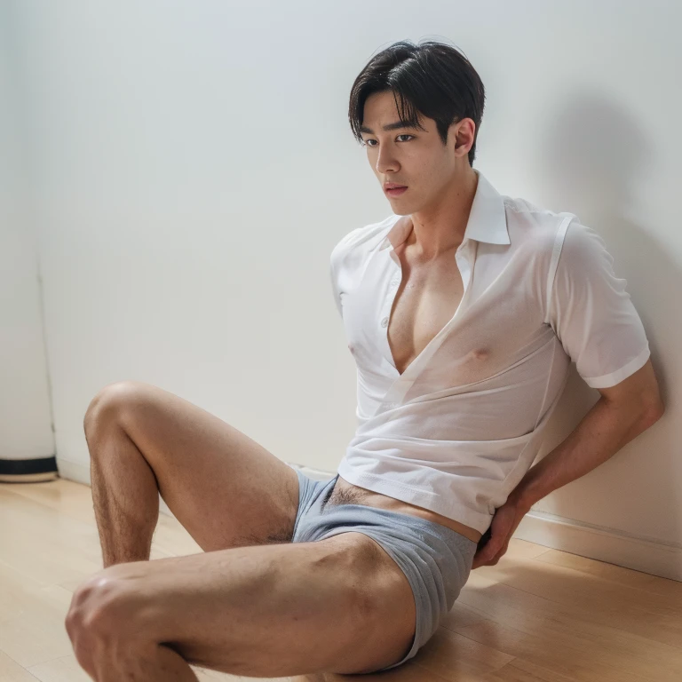 handsome boy , details face ,(ultra realistic)), high detail, photo shoot, handsome young korean man,((wearing security guard white uniform)),((pulling up shirt over:1.3)), ((showing chest:1.3)), muscular, (abs), (pectorals), (((full body))), high res, detailed realistic image, beautiful eyes, eyes open, handsome face, detailed face, (short hair:1.2), ((((crotch bulge)))) , 16k resolution , ultra-high clarity , hyperrealism, uhd