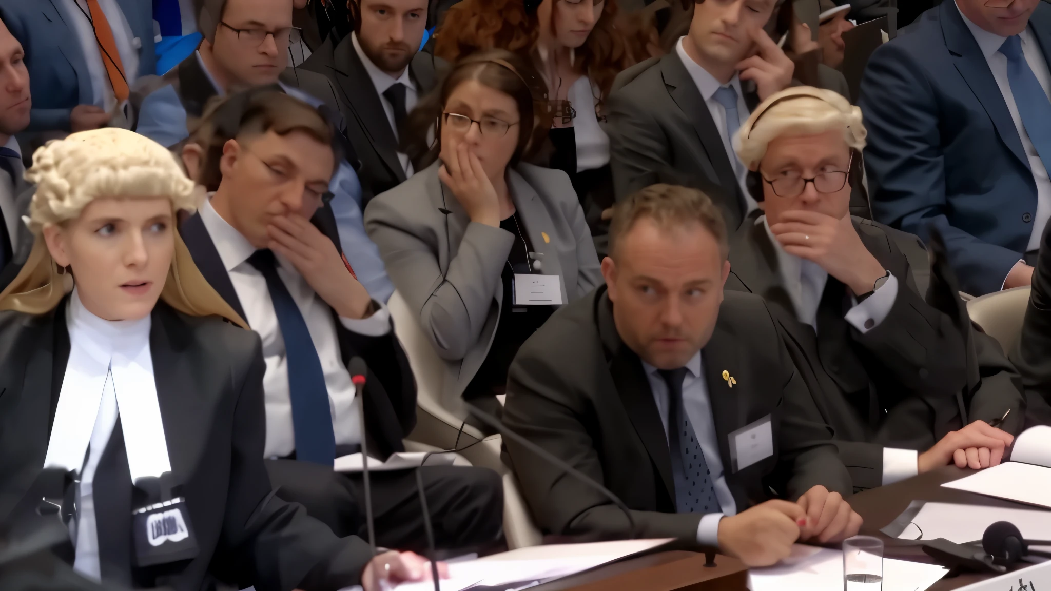 photo of Beautiful Irish lawyer with blonde hair stands talking as several people sitting at a table hold their hands to their mouths in shock and concern, with microphones and papers during court case at the Hague, sitting at the hague, they are very serious, audience in the background, concerned expression, youtube thumbnail, un meeting at the hague, looking partly to the left, looking to his left, serious focussed look, very powerful, looking distracted and awkward