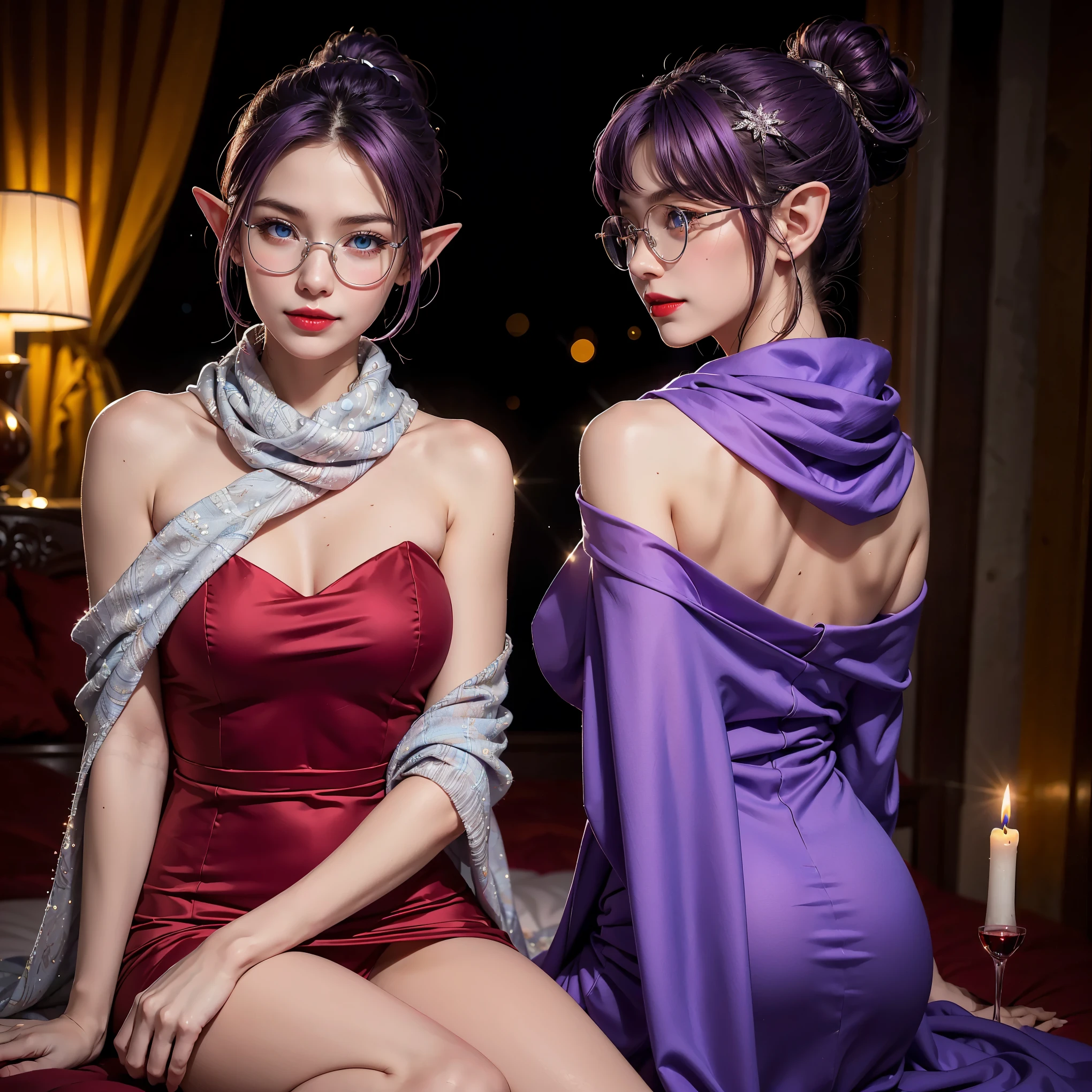 1girl, solo, (perfect anatomy), (extreme-detailed photoreal), (elf woman prominent asian features very short purple hair tied back as ponytail), cute smile, white cat, dreamscape, looking into hole, features, wearing round glasses, blue eyes, ((sparkly silver shawl and wine red evening gown)), off shoulder, off hip, off back, red lipstick, sitting, flower diamond hairclip, fancy bed, (romantic lighting, very dark room lit up by only candlelit), back facing viewer, (night)