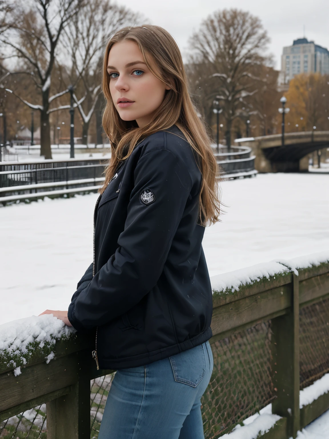 A captivating photo of a beautiful young woman with brunette hair with blonde highlights, about 23 years old and dark blue eyes, with huge DD cup breasts,in black jacket standing on a bridge in a park, with a park in the background, in a city park, only snow i the background, park in background, inspired by Louisa Matthíasdóttir, a full portrait of nordic female, with a park in the back ground, in the middle of the city, cold but beautiful