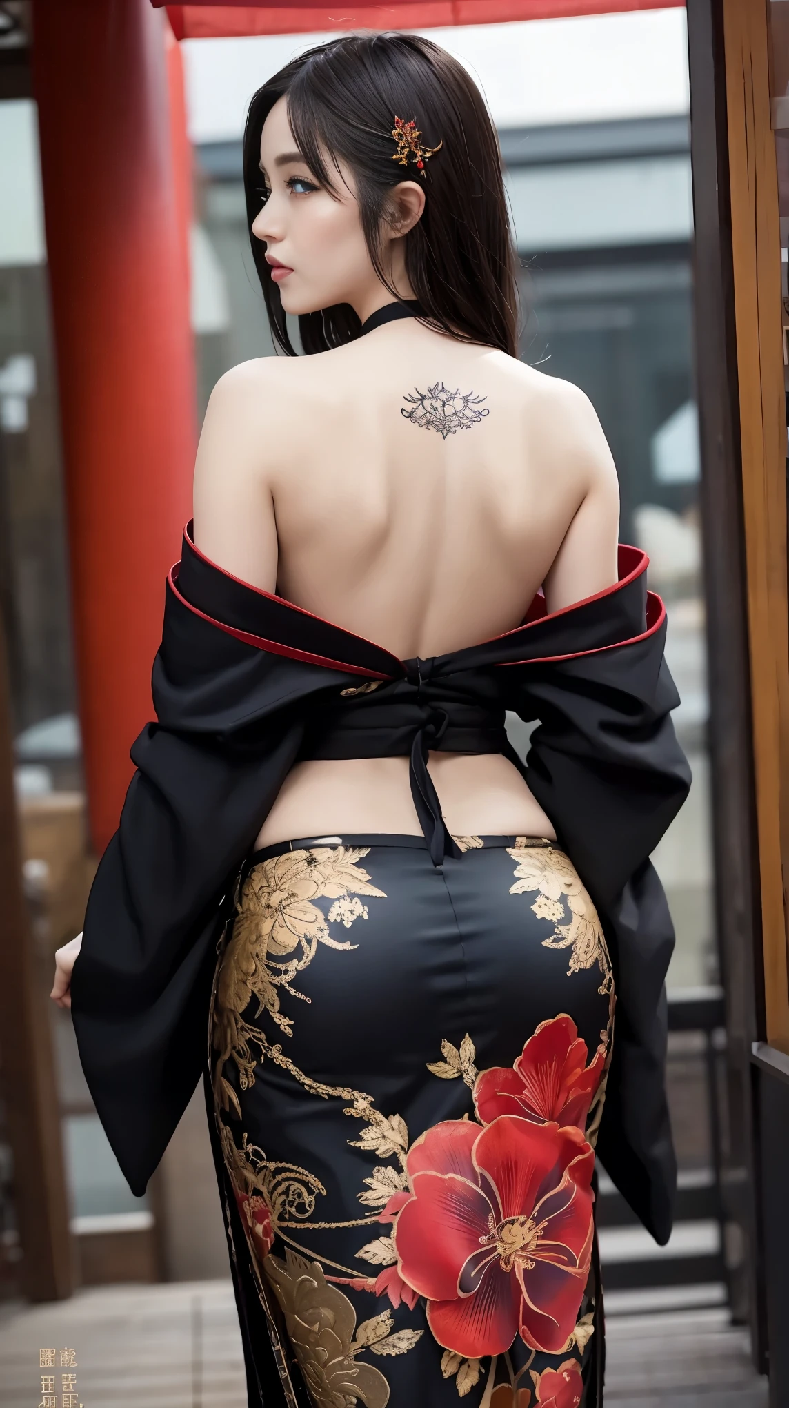 masterpiece, top quality, best quality, official art, beautiful and aesthetic:1.2),1girl, tattoo, solo, japanese clothes,sexy intricate red and black kimono, hair ornament, unsheathing, black hair, sheath, back tattoo, dragon tattoo, blue eyes, off shoulder, bare shoulders, looking back, from behind, flower, looking at viewer, holding, makeup, outdoor, big breasts and hourglass figure 