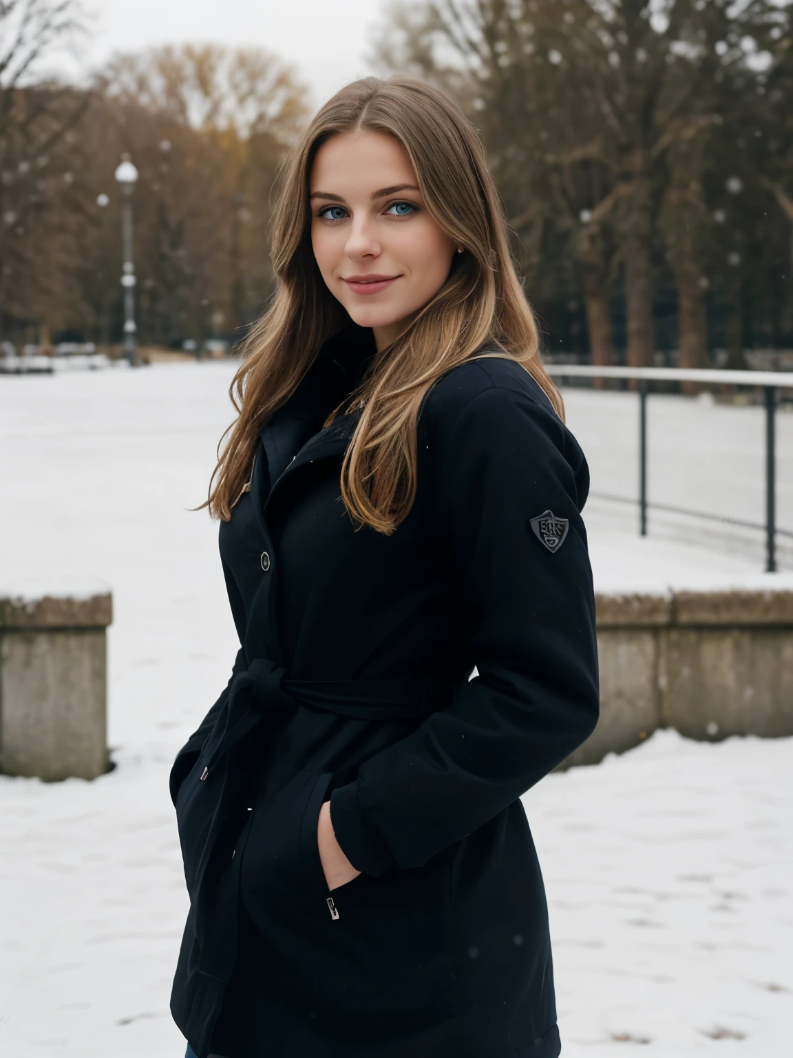 A captivating photo of a beautiful young woman with brunette hair with blonde highlights, about 23 years old and dark blue eyes, with huge DD cup breasts,in black jacket standing on a bridge in a park, with a park in the background, in a city park, only snow i the background, park in background, inspired by Louisa Matthíasdóttir, a full portrait of nordic female, with a park in the back ground, in the middle of the city, cold but beautiful, smiling 