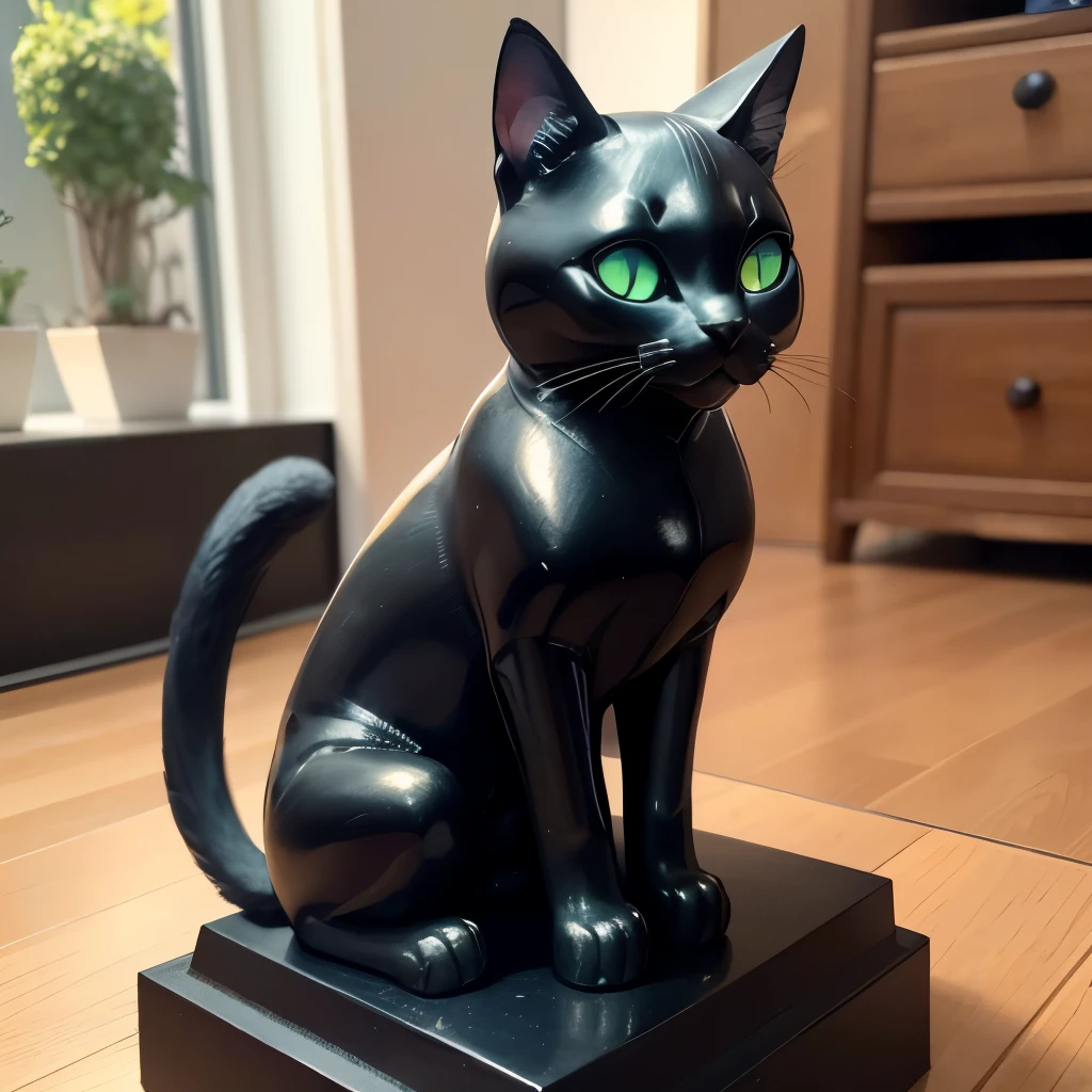 Statue einer Katze aus schwarzem Stein, hand size, augen aus saphiren, sits on her hind legs, Kopf gehoben