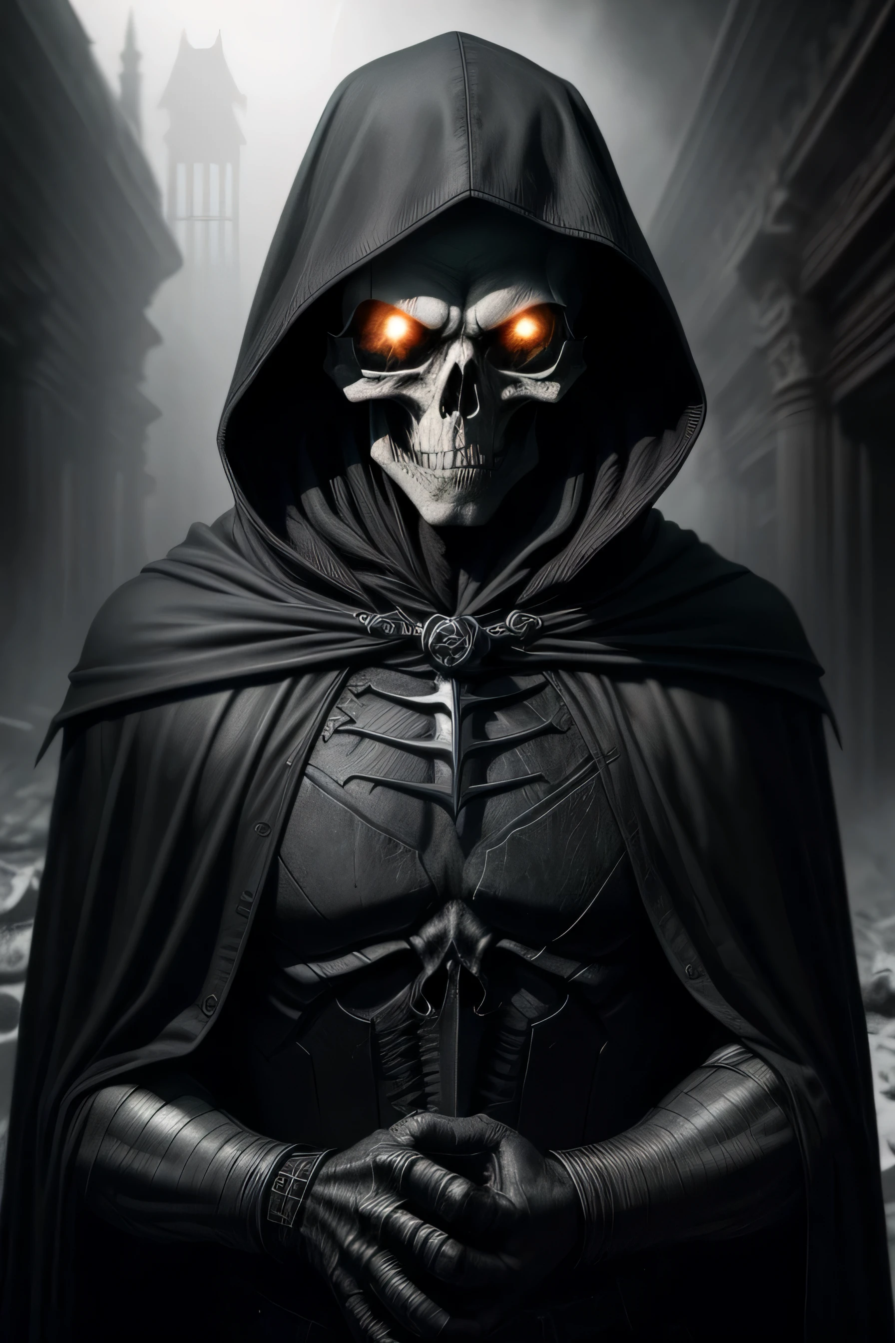 A photorealistic image of Vic Rattlehead, deep dark eye sockets, black eyes, wearing hooded cape, captured in incredible detail, (8K quality), dramatic lighting, vivid texture, sharp focus, artistic composition, Greg Rutkowski photographic style, well-defined shadows, sharp contrast, dark and enveloping background, minute details in the bones and teeth, expression of rawness and mystery, macabre and impressive aesthetics, subtle use of shadows to create depth,  (trending on ArtStation:1.2), (trending on Instagram:1.1), (extreme attention to detail), (dark and intense atmosphere), (post-apocalyptic photographic style), (great use of textures and shadows), (highlighting the sharpness of the details), (impressive use of light and shadow to create a chilling atmosphere), (impressive depth effects),  (dark and cold tones), (sinister and mysterious atmosphere), (drama in composition and lighting), (breathtaking visual quality), (an impressive work of art), (a skull that seems to come to life)