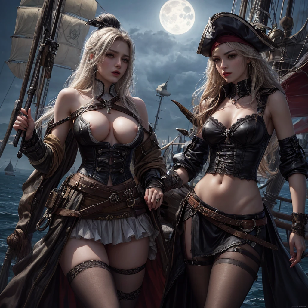 Generate [bichu] [greg rutkowski] by [luis royo] (point-of-view:1.5) detailed, intricate, oil on canvas, dry brush illustration of youthfull [1girl:1.5] [solo:1.5]. She is almost nude buxom dangerous daring (pirate:1.2) (admiral:1.2) prt (lost in thought), she is on a [stern] of [pirate ship] Galleon deck with her hand on her hip during dynamic and dramatic [naval battle], [jolly roger] flutters on the mast, during cold cloudy gloomy [rainy night:1.2] fog illuminated by moonlight glow. Ship a sleak frigate in the distance firering broadside salvo with visible flash and gunpowder smoke. Wearing rugged brown tight [leather corset] with belt and straps and bandolier with (laced tunic:1.5) with exposed bare shoulders and [admiral pauldrons], [black chocker], and [long skirt] and armed with [Flintlock] tucked under belt and [sabre] on her hip. exposed, nsfw, exposed breast, exposed navel