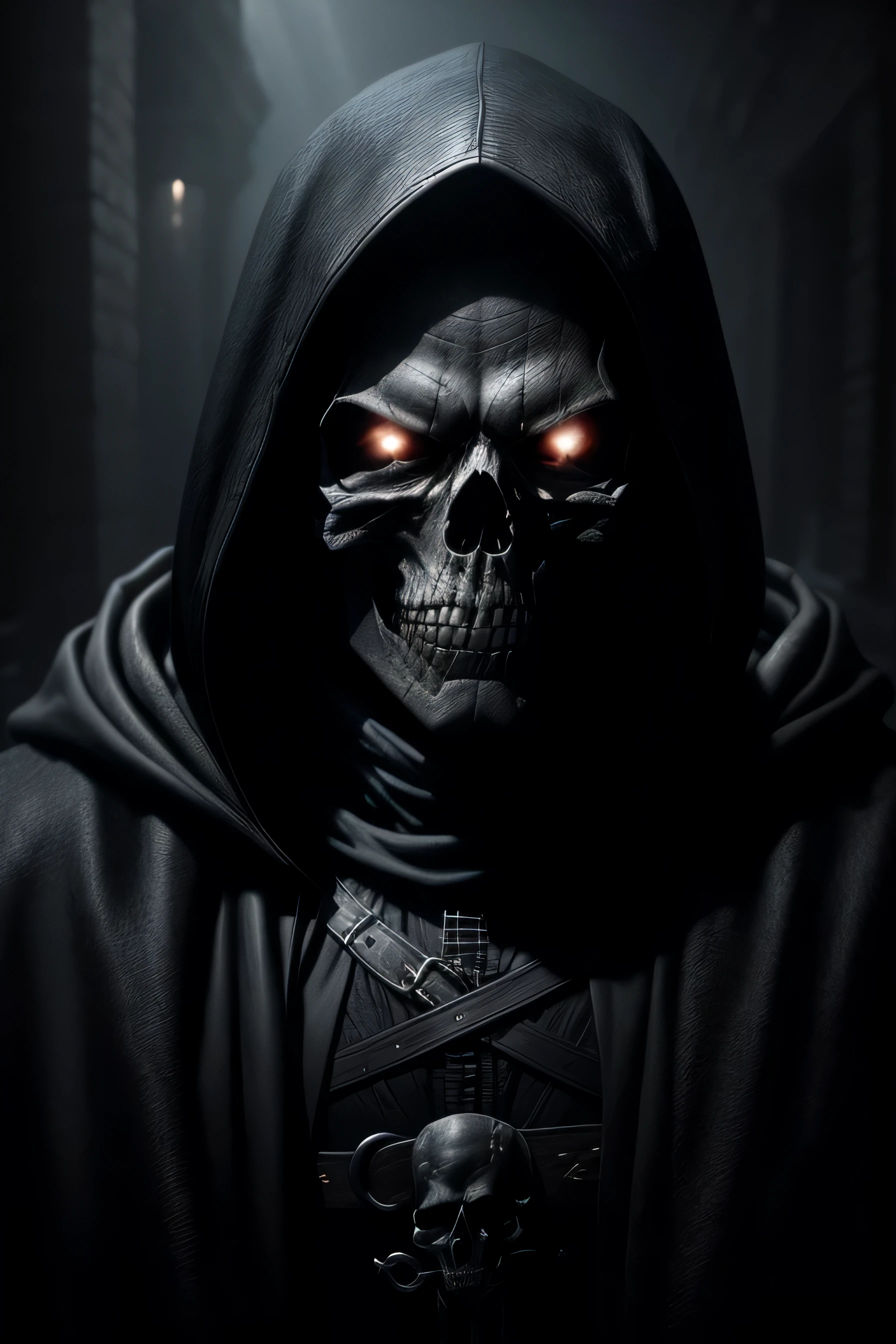 A photorealistic image of a skull, jet black eyes, wearing hooded cape, captured in incredible detail, (8K quality), dramatic lighting, vivid texture, sharp focus, artistic composition, Greg Rutkowski photographic style, well-defined shadows, sharp contrast, dark and enveloping background, minute details in the bones and teeth, expression of rawness and mystery, macabre and impressive aesthetics, subtle use of shadows to create depth,  (trending on ArtStation:1.2), (trending on Instagram:1.1), (extreme attention to detail), (dark and intense atmosphere), (post-apocalyptic photographic style), (great use of textures and shadows), (highlighting the sharpness of the details), (impressive use of light and shadow to create a chilling atmosphere), (impressive depth effects),  (dark and cold tones), (sinister and mysterious atmosphere), (drama in composition and lighting), (breathtaking visual quality), (an impressive work of art), (a skull that seems to come to life)