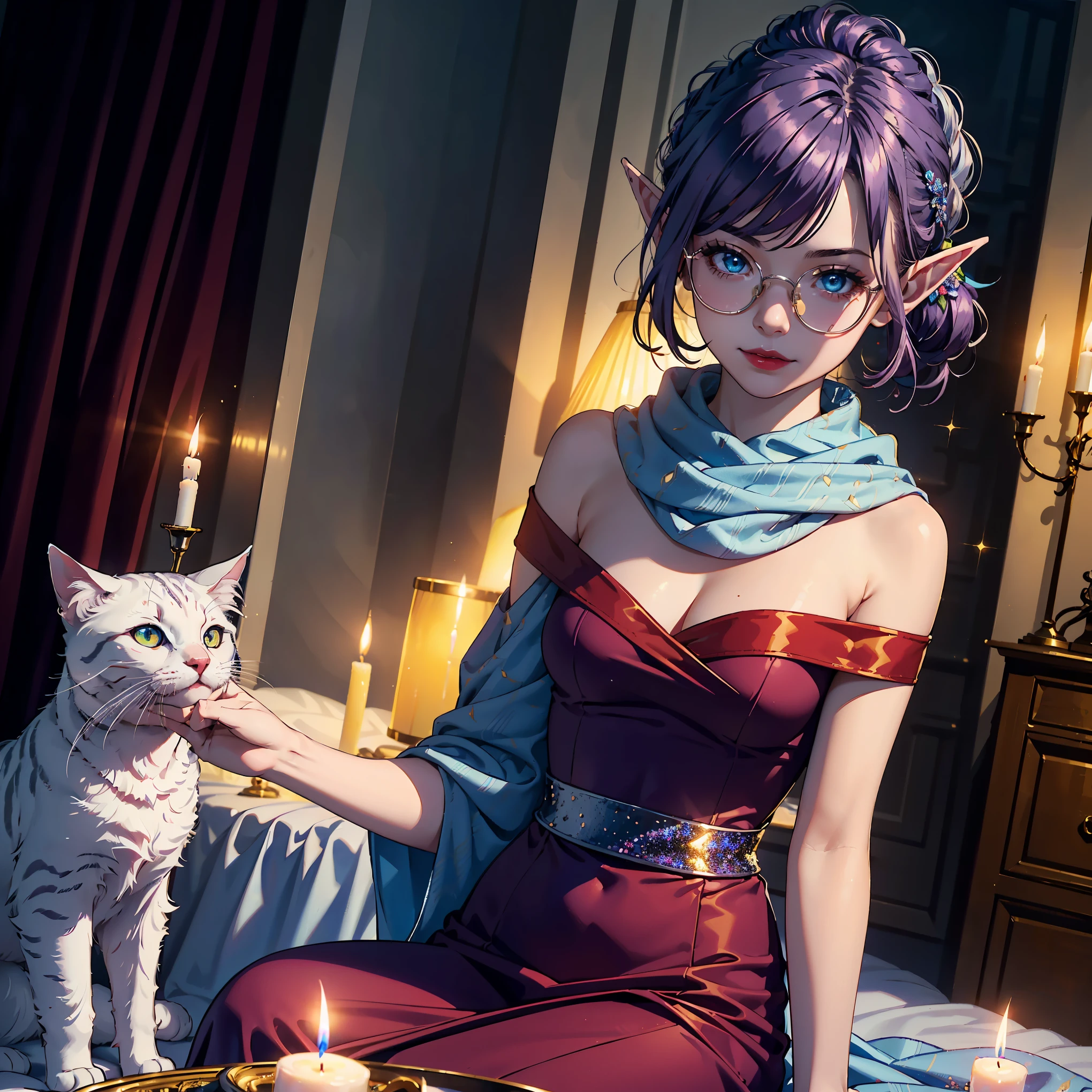 1girl, solo, (perfect anatomy), (extreme-detailed photoreal), (elf woman prominent asian features very short purple hair tied back as ponytail), cute smile, white cat, dreamscape, looking into hole, features, wearing round glasses, blue eyes, ((sparkly silver shawl and wine red evening gown)), off shoulder, off hip, off back, red lipstick, sitting, flower diamond hairclip, fancy bed, romantic lighting, very dark room lit up by only candlelit, back facing viewer, 