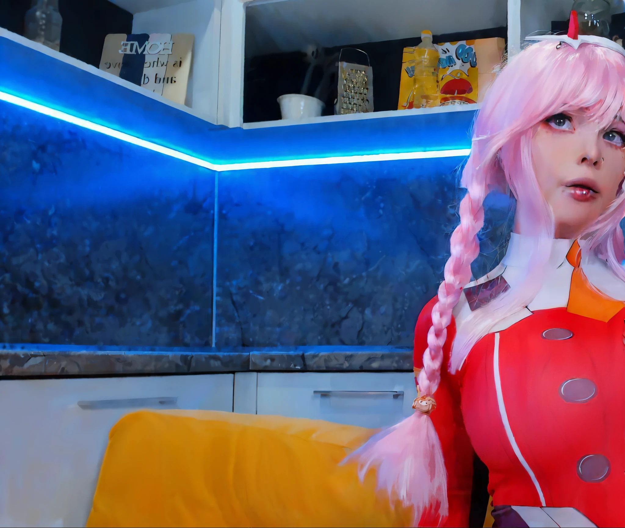 masterpiece, best quality, ultra-detailed, sexy, ero, anime style0, a pretty woman, solo, nude, beautiful pink hair, beautiful blue eyes, beautiful eyes, horn, light smile