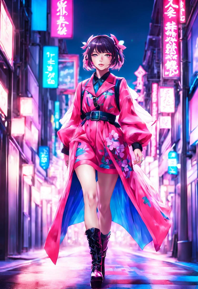 1girl, A magical girl in Tokyo at night, surrounded by cherry blossoms, exploring the neon-lit streets. The girl is wearing a vibrant colored outfit and strikes a dynamic pose. Her eyes and lips are beautifully detailed. The art style is inspired by CLAMP. The image is of the best quality, with a resolution of 4k or 8k, and it is a masterpiece. The colors are vivid and the overall atmosphere is enchanting. The lighting captures the vibrant and surreal nature of the cityscape.