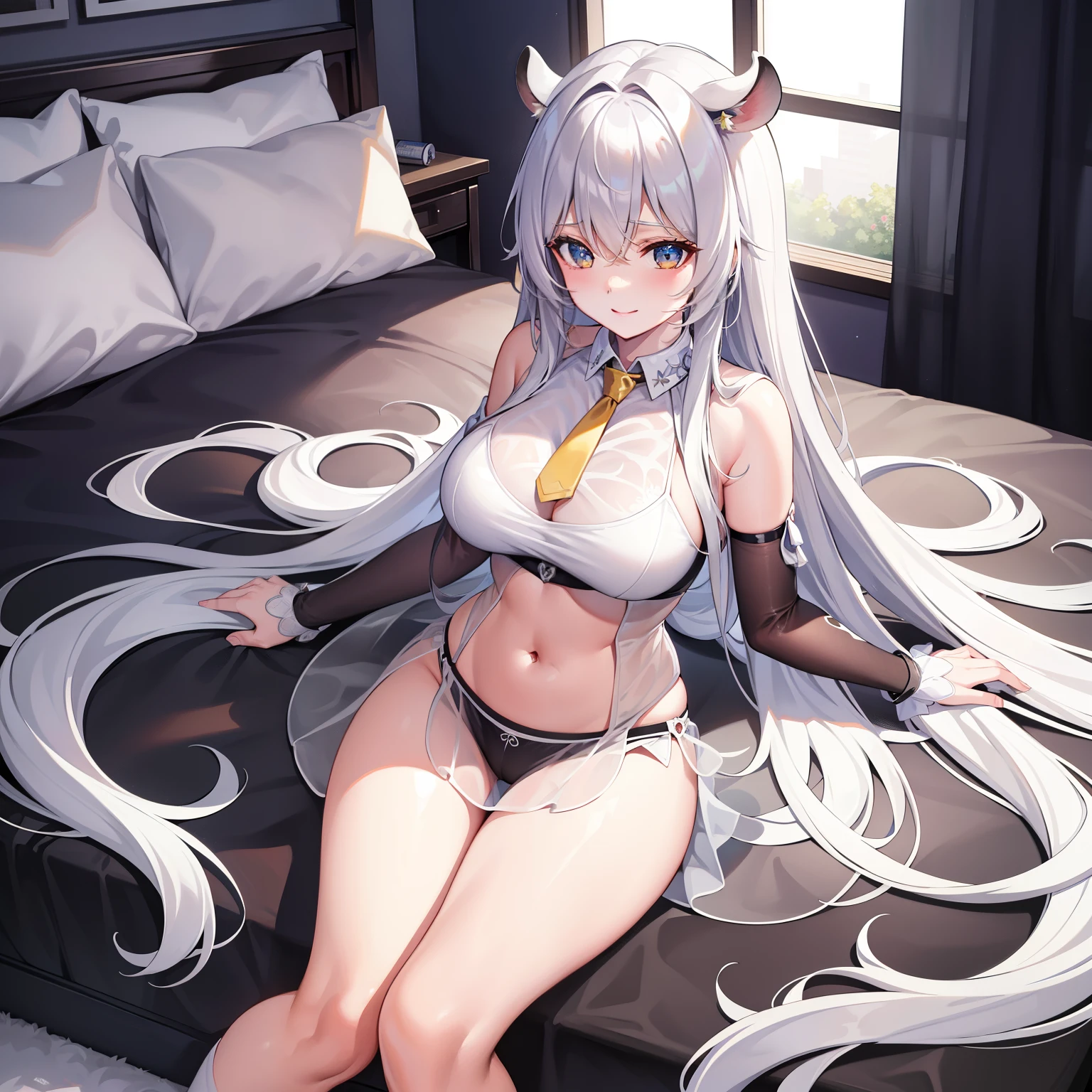(Masterpiece), (best quality), full body,simple background, 1 girl,shiny hair,white hair, , ((see through)),navel,smile softly,Eye socks for sale with black and white cow pattern.,,Big breasts, naked,navel，cow ears, long hair， conjunctivitis，(Kushki thighs:1.2),Lie with your legs spread apart., on the bed