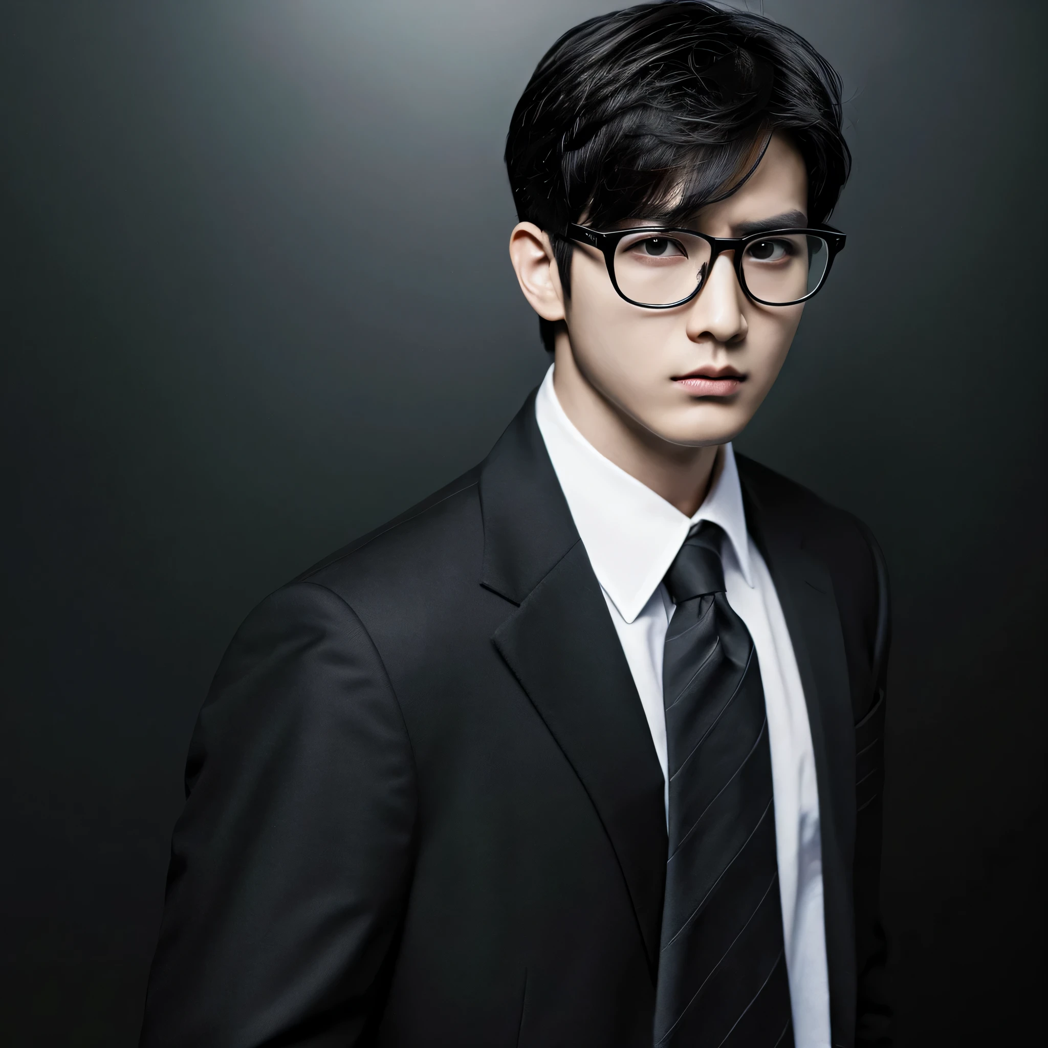 masterpiece, highest quality, realistic, Slender angry young handsome man with dark hair, Black Square Frame Glasses, no background