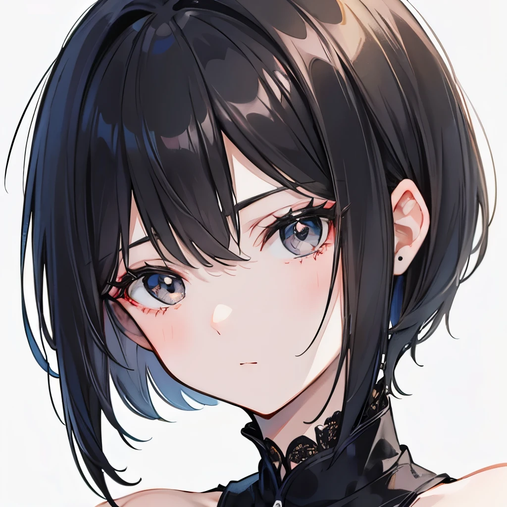 A girly girl, very short hair, pixie haircut, black hair, black eyes, off shoulders, close up, face