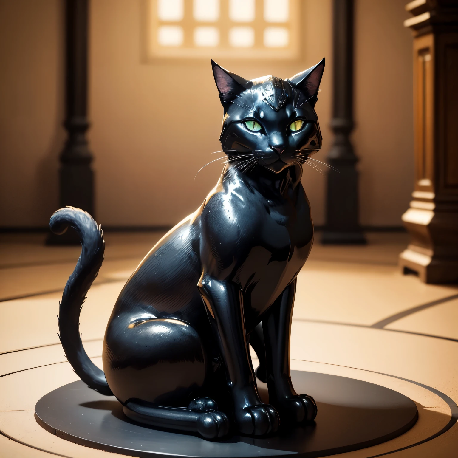 Statue einer Katze aus schwarzem Stein(goldene adern durchziehen den stein)(mysterious shimmer), hand size, augen aus saphiren, sits on her hind legs, Kopf gehoben, nacht, kerzenschein, 