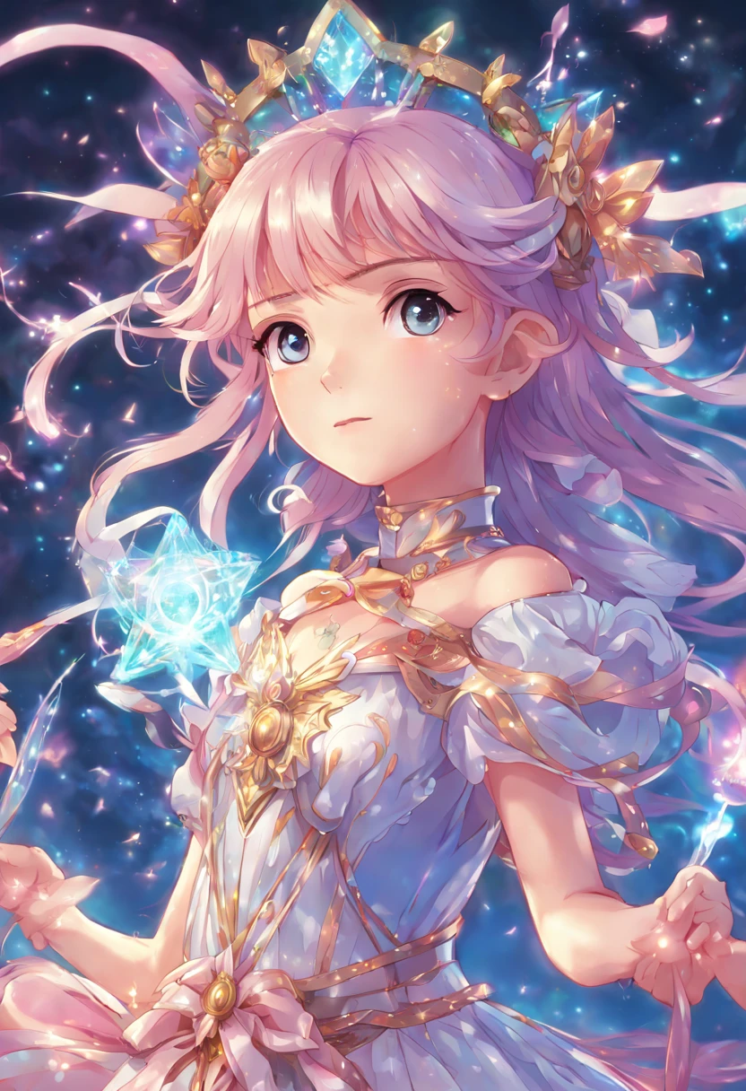 1girl, An enchanting Magical Girl with shimmering eyes and a radiant aura, dressed in an ornate, pastel-colored costume adorned with ribbons and sparkles, wielding a crystal staff, surrounded by swirling magical energy, in a dynamic pose, with a mystical and ethereal background, high-resolution, digital art, anime style, vibrant colors, with a touch of art by CLAMP and Studio Ghibli charm, detailed magic effects, 4K HD.