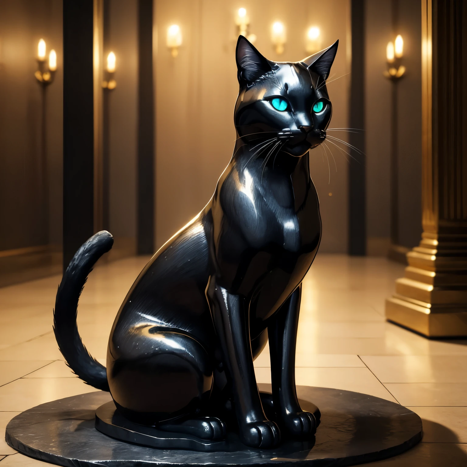Statue einer Katze aus schwarzem Stein(goldene adern durchziehen den stein)(mysterious shimmer), hand size, augen aus saphiren, sits on her hind legs, Kopf gehoben, nacht, kerzenschein,