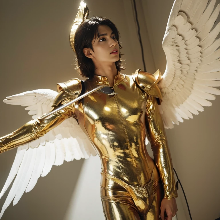 arafed boy in a gold outfit with wings and a sword, angelic golden armor, full - body majestic angel, archangel, winged boy, angel in gold armor, eros, archangel michael, winged human, epic angel wings, eros and thanatos, grand angel wings, gold wings, young wan angel, attractive male deity , 16k resolution , ultra-high clarity , hyperrealism, uhd
