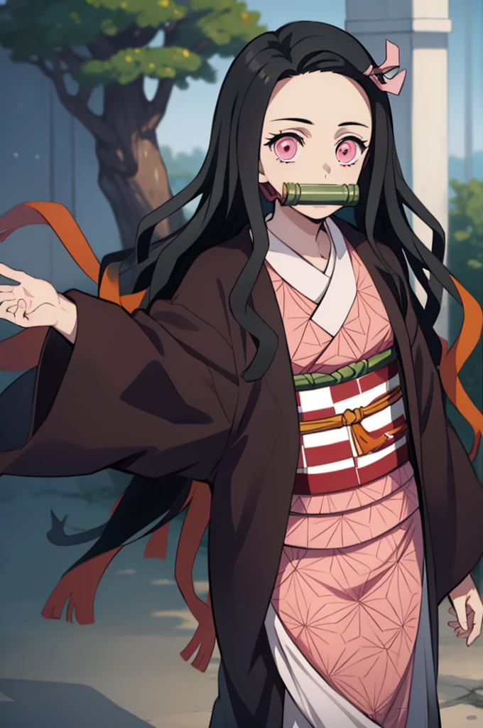 Nezu furnace, Nezuko Kamado, Bamboo, (bit gag:1.5), 1:1,Chibi,Black hair, (Forehead:1.5), gag, Gagged, Hair Ribbon, Long hair, multicolored hair, (Pink eyes:1.5), Orange hair, Slit pupils, Wavy Hair, Two-tone hair,
Break asa is not (Pattern), Checkered sash, haori, komono, Kimono, Long sleeves, Obi, Pink kimono, sash, wariza,  Wide sleeves,
BREAK looking at viewer,
Break indoors,
BREAK (masutepiece:1.2), Best Quality, High resolution, Unity 8k壁纸, (Illustration:0.8), (Beautiful detailed eyes:1.6), extra detailed face, Perfect Lighting, extremely details CG, (Perfect hands, Perfect Anatomy), different pose, dancing lightly, backwards, looking back