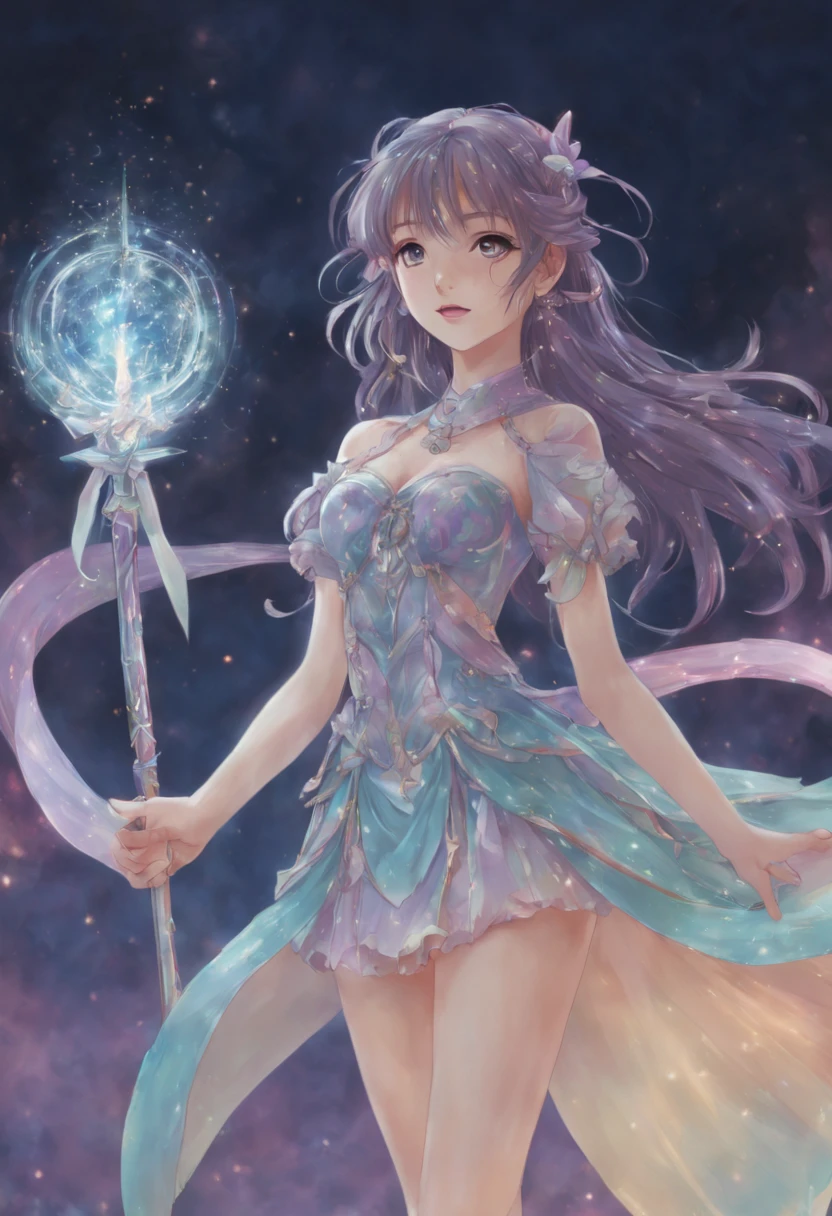 1girl, An enchanting Magical Girl with shimmering eyes and a radiant aura, dressed in an ornate, pastel-colored costume adorned with ribbons and sparkles, wielding a crystal staff, surrounded by swirling magical energy, in a dynamic pose, with a mystical and ethereal background, high-resolution, digital art, anime style, vibrant colors, with a touch of art by CLAMP and Studio Ghibli charm, detailed magic effects, 4K HD.