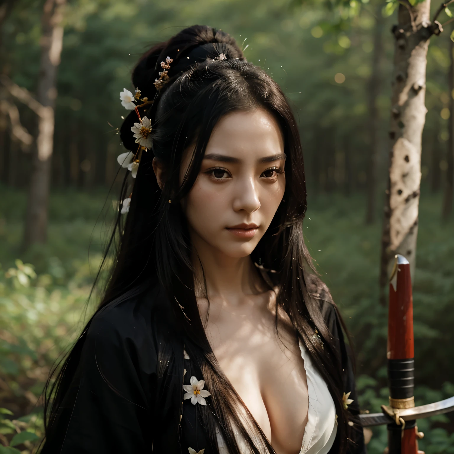 Create the image of a female samurai, long black hair, flower in her hair, without deformations on her face and body, with her sword, in the forest
