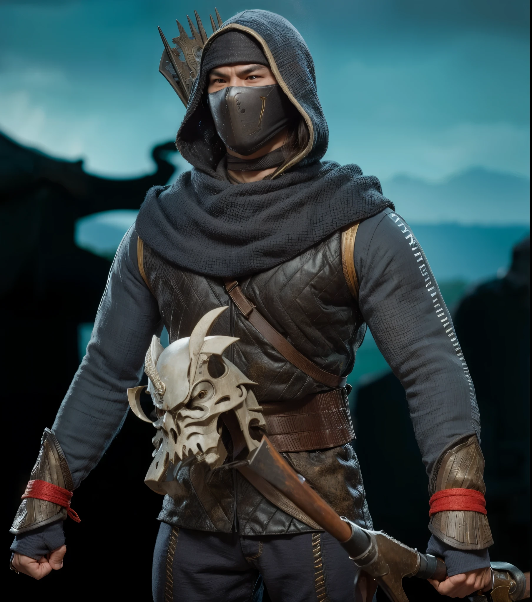 (masterpiece),(best quality:1.0),(ultra high resolution:1.0), kung jin, bad face , menacing look, metal mask, hood, ninja warrior, mortal kombat, closeup, 1 guy, detailed, face focus, asian face, 8k wallpaper, full body