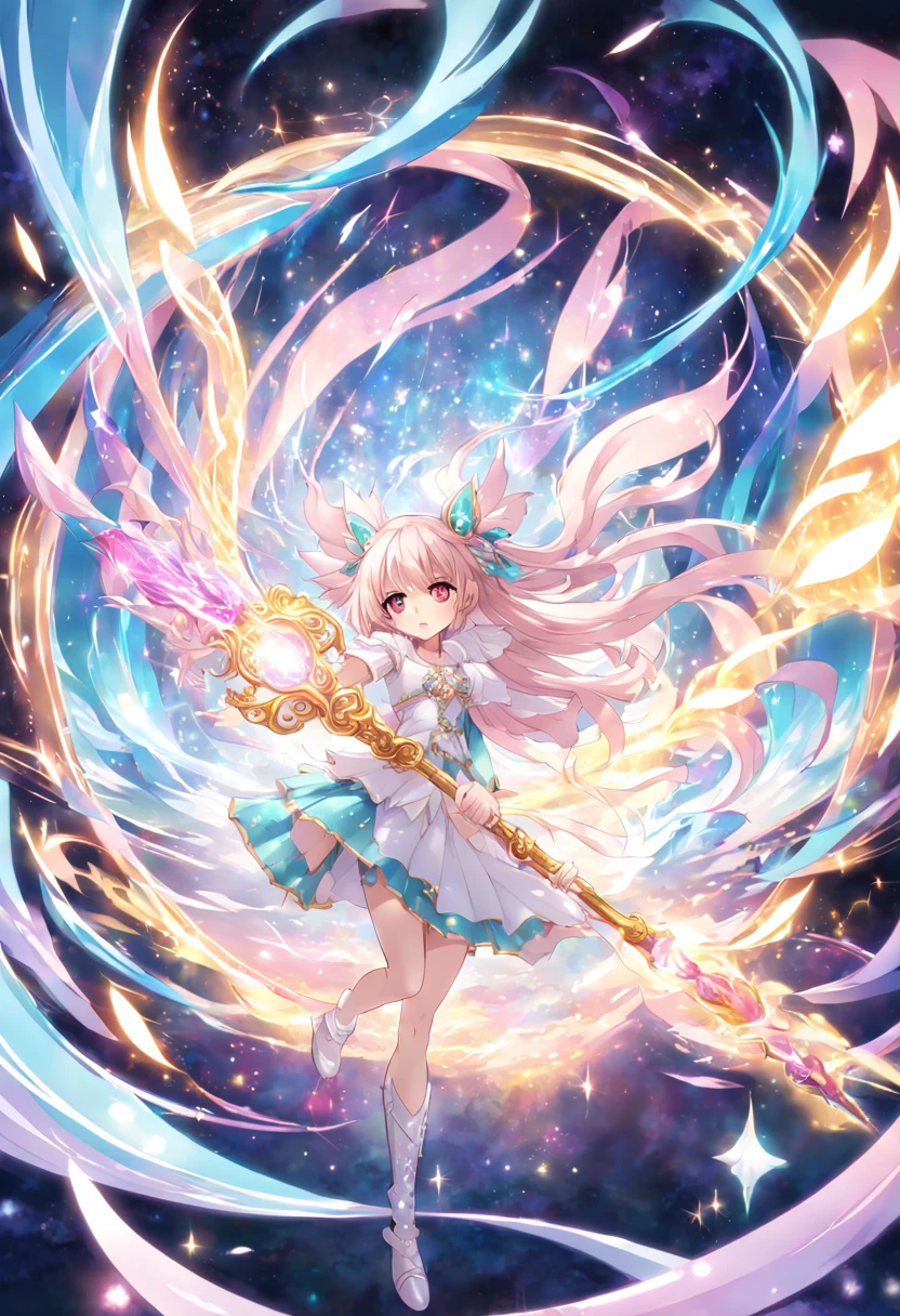 1girl, An enchanting Magical Girl with shimmering eyes and a radiant aura, dressed in an ornate, pastel-colored costume adorned with ribbons and sparkles, wielding a crystal staff, surrounded by swirling magical energy, in a dynamic pose, with a mystical and ethereal background, high-resolution, digital art, anime style, vibrant colors, with a touch of art by CLAMP and Studio Ghibli charm, detailed magic effects, 4K HD.