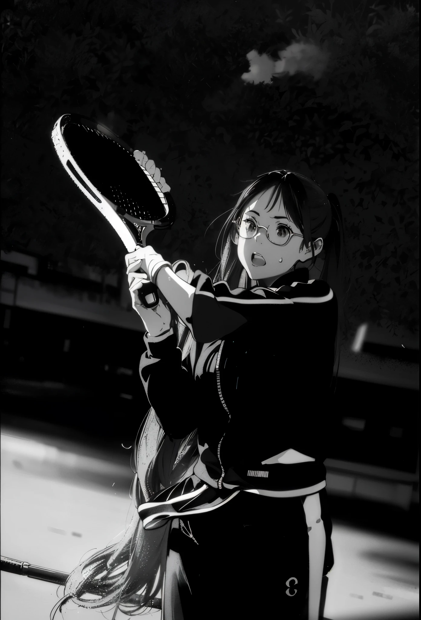 High school student girl holding a tennis racket in her right hand, a girl playing tennis, playing tennis, Doujinshi, very long hair,wear glasses,Long hair blowing in the wind,sweatshirts,Black and white portrait,Super long ponytail