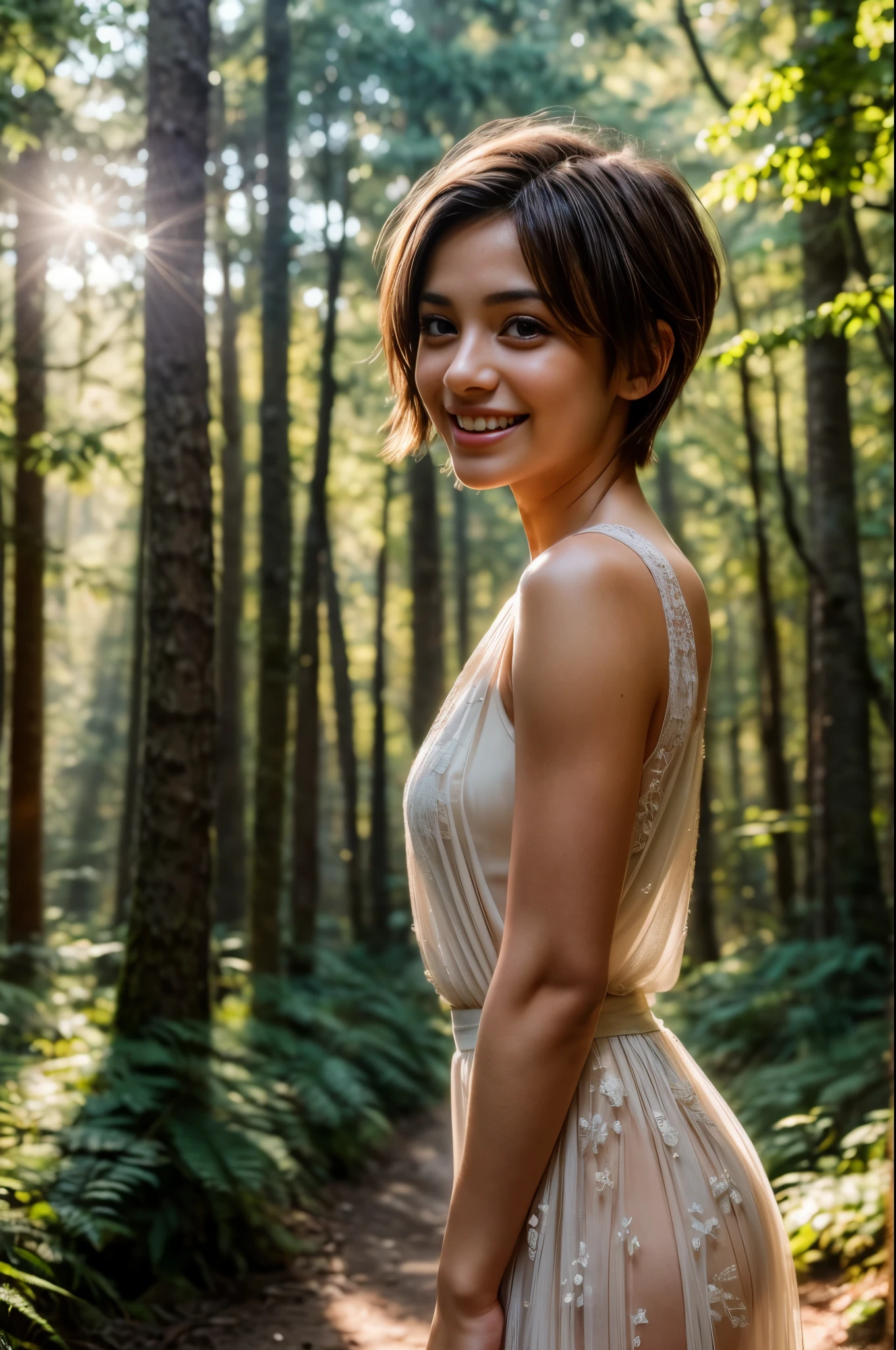 beautiful girl, ((), showing face, protruding tongue, short hair, brown, 8k, professional photography, delicate, clear, in the forest, sun, light leakage, masterpiece, (beautiful), (reality), smile, fantastic, angel