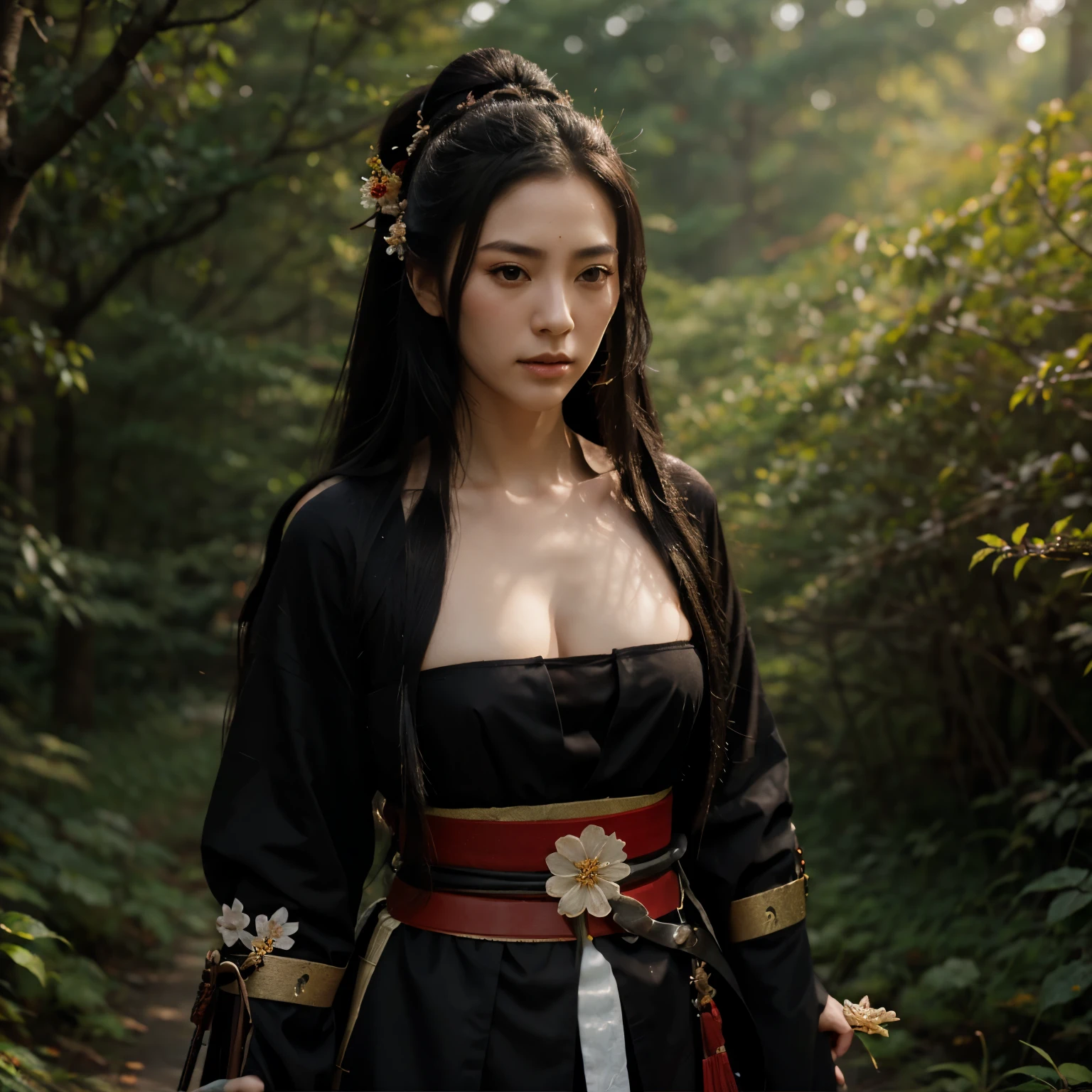 Create the image of a female samurai, long black hair, flower in her hair, without deformations on her face and body, with her sword, in the forest