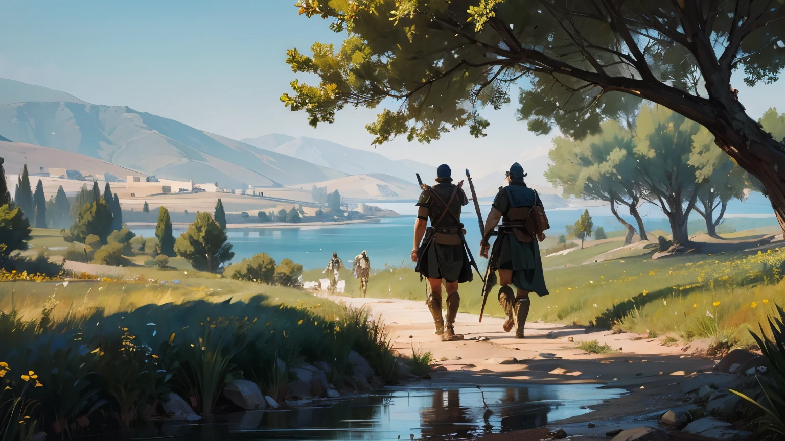 Achilles and Greek soldiers walking through a new land with many trees and rivers