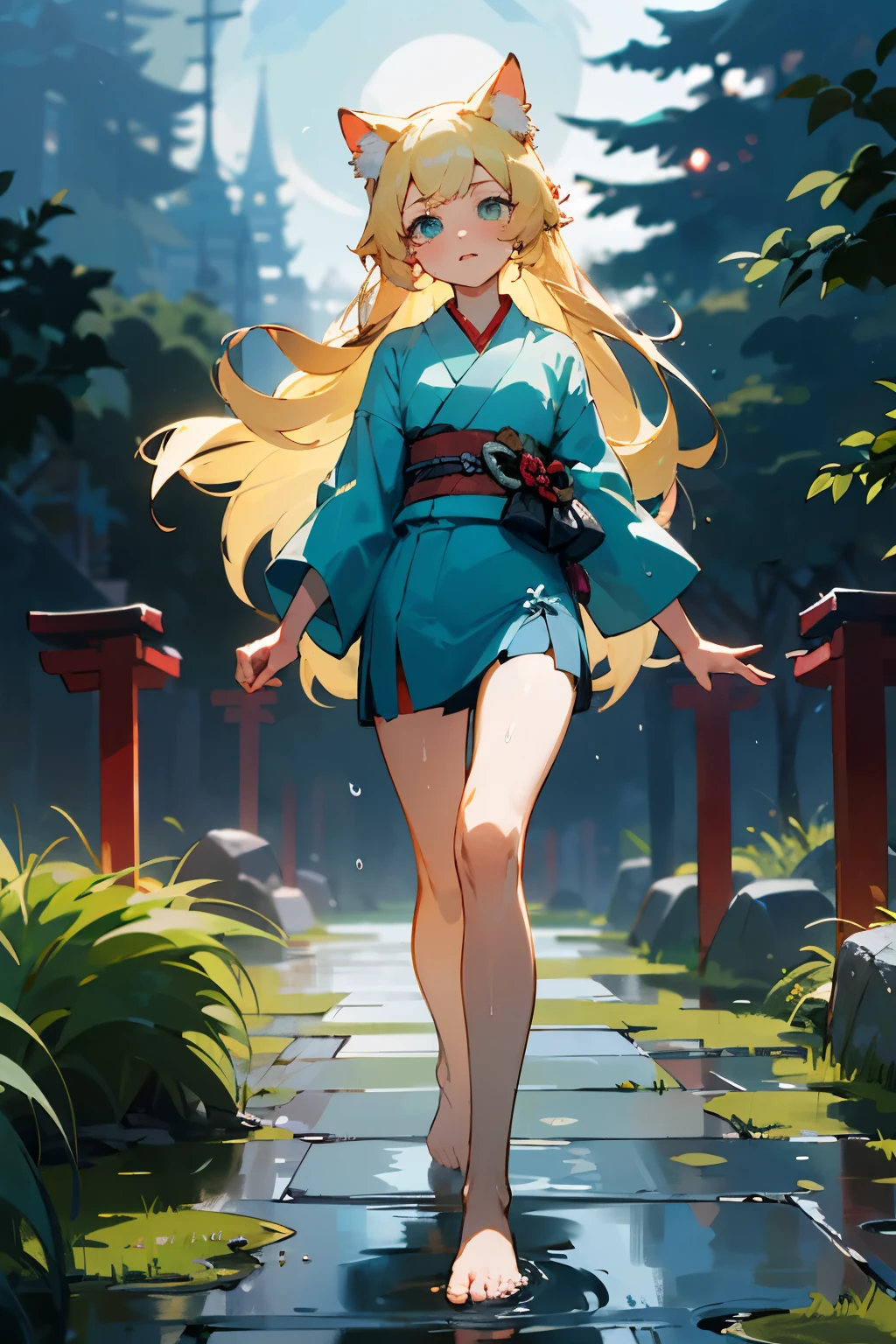 ((best quality)), ((Meisterwerk)), (detailliert), perfect face A little cat girl with blonde long hair, turquoise eyes, a kimono and a short skirt, walking barefoot across a wet, mossy stone platform from a shrine in the moonlight. She has a casual and confident pose. The floor and her entire body are visible. sicht von unten