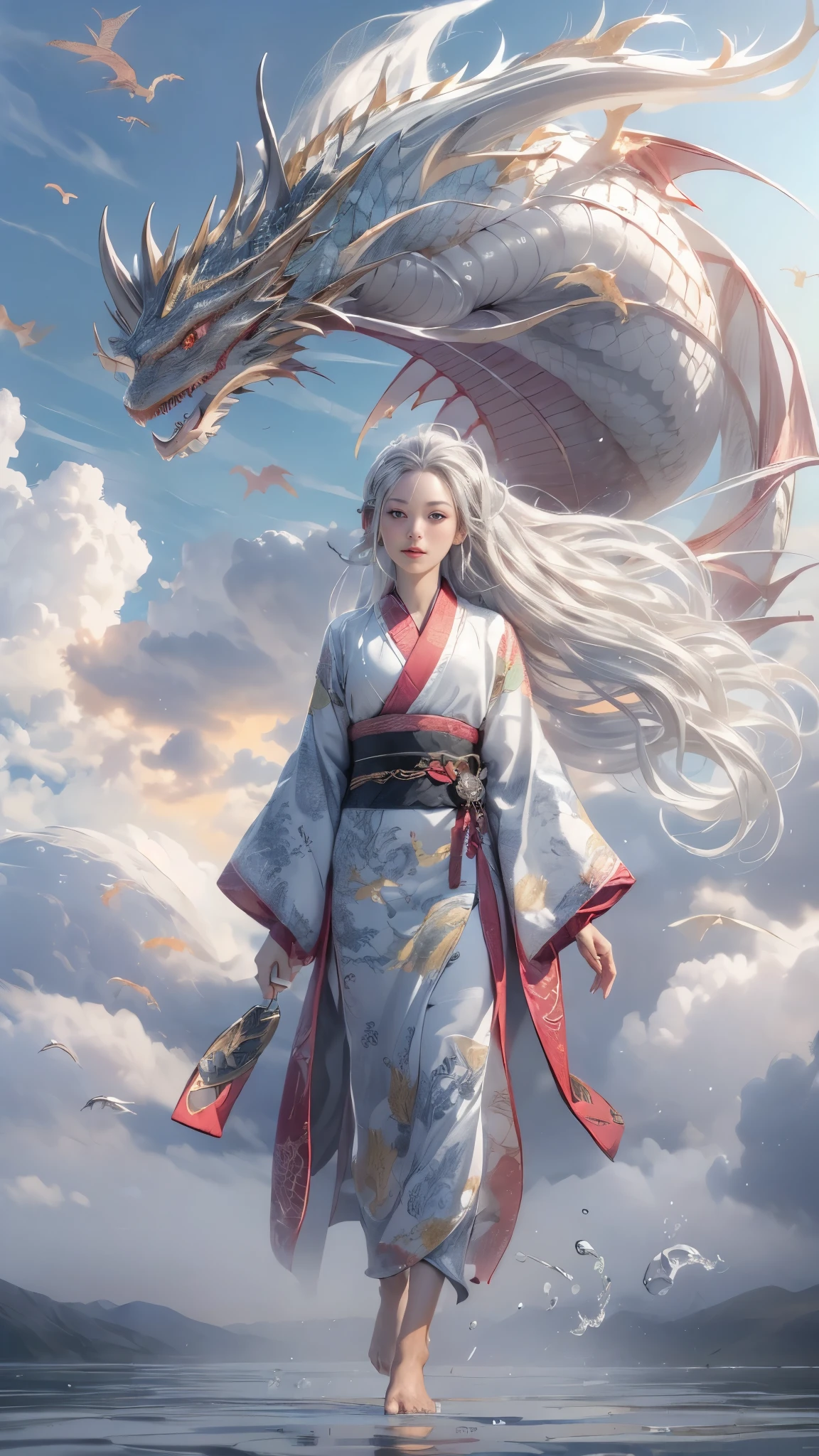 ((((half-dragon woman))), ((full body)), (adult body:1.2), (serenety face:1.3), (wearing an oriental kimono:1.1), (long silver hair:1.5), (peaceful look:0.6), (standing in the air:1.1), (look at the the viewer:1.3), (sky:1.2), heavenly background, flare lens, clouds, sunray, lightining, 4k, hyper detailed, hyper realistic, highest quality, masterpiece ever, Ultra high definition, Ultra-realistic, 8K, (full length image:1.2), (From the feet to the top of the head:1.6).