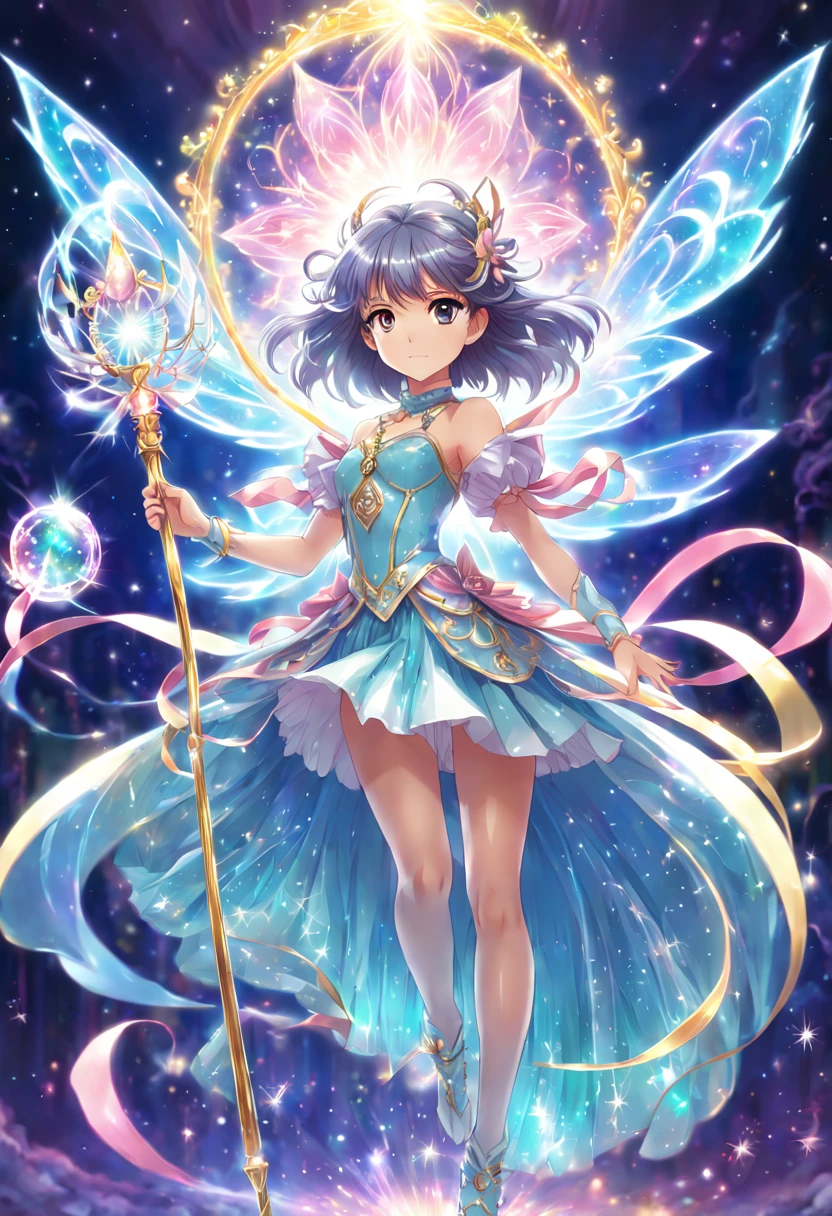 1girl, An enchanting Magical Girl with shimmering eyes and a radiant aura, dressed in an ornate, pastel-colored costume adorned with ribbons and sparkles, wielding a crystal staff, surrounded by swirling magical energy, in a dynamic pose, with a mystical and ethereal background, high-resolution, digital art, anime style, vibrant colors, with a touch of art by CLAMP and Studio Ghibli charm, detailed magic effects, 4K HD.