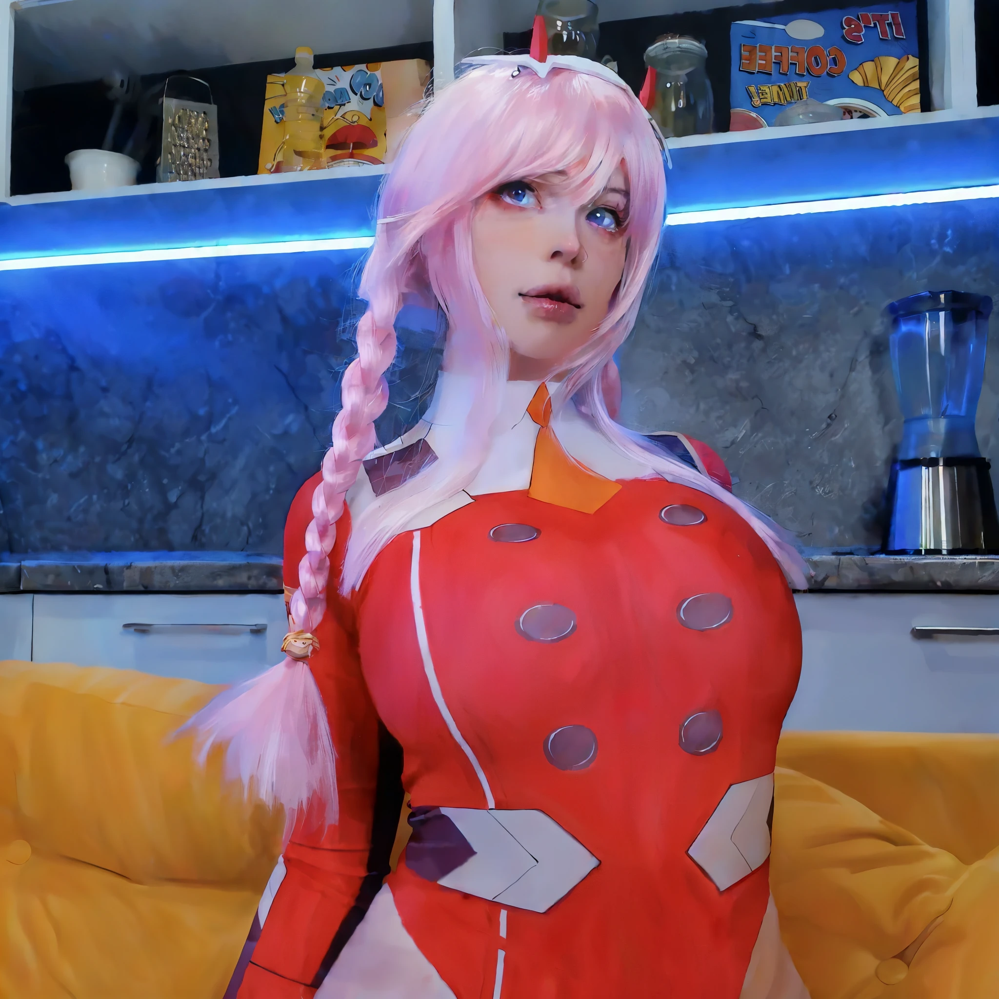 masterpiece, best quality, ultra-detailed, sexy, ero, anime style0, a pretty woman, solo, nude, beautiful pink hair, beautiful blue eyes, beautiful eyes, horn, light smile