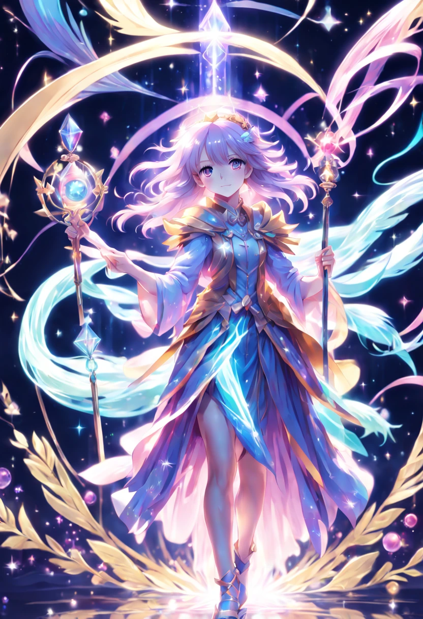 1girl, An enchanting Magical Girl with shimmering eyes and a radiant aura, dressed in an ornate, pastel-colored costume adorned with ribbons and sparkles, wielding a crystal staff, surrounded by swirling magical energy, in a dynamic pose, with a mystical and ethereal background, high-resolution, digital art, anime style, vibrant colors, with a touch of art by CLAMP and Studio Ghibli charm, detailed magic effects, 4K HD.