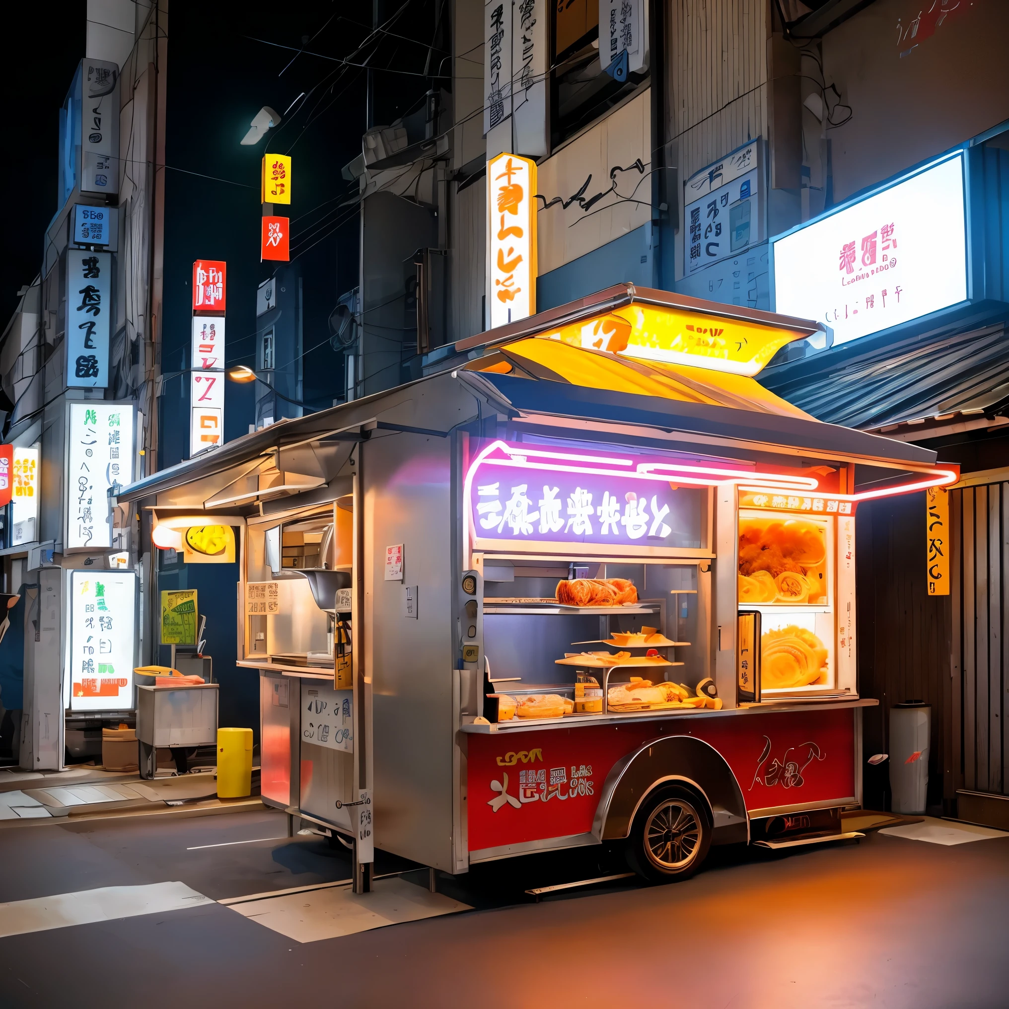 Old fashioned ramen cart, parked in an alley in Tokyo, night, beautiful neon light