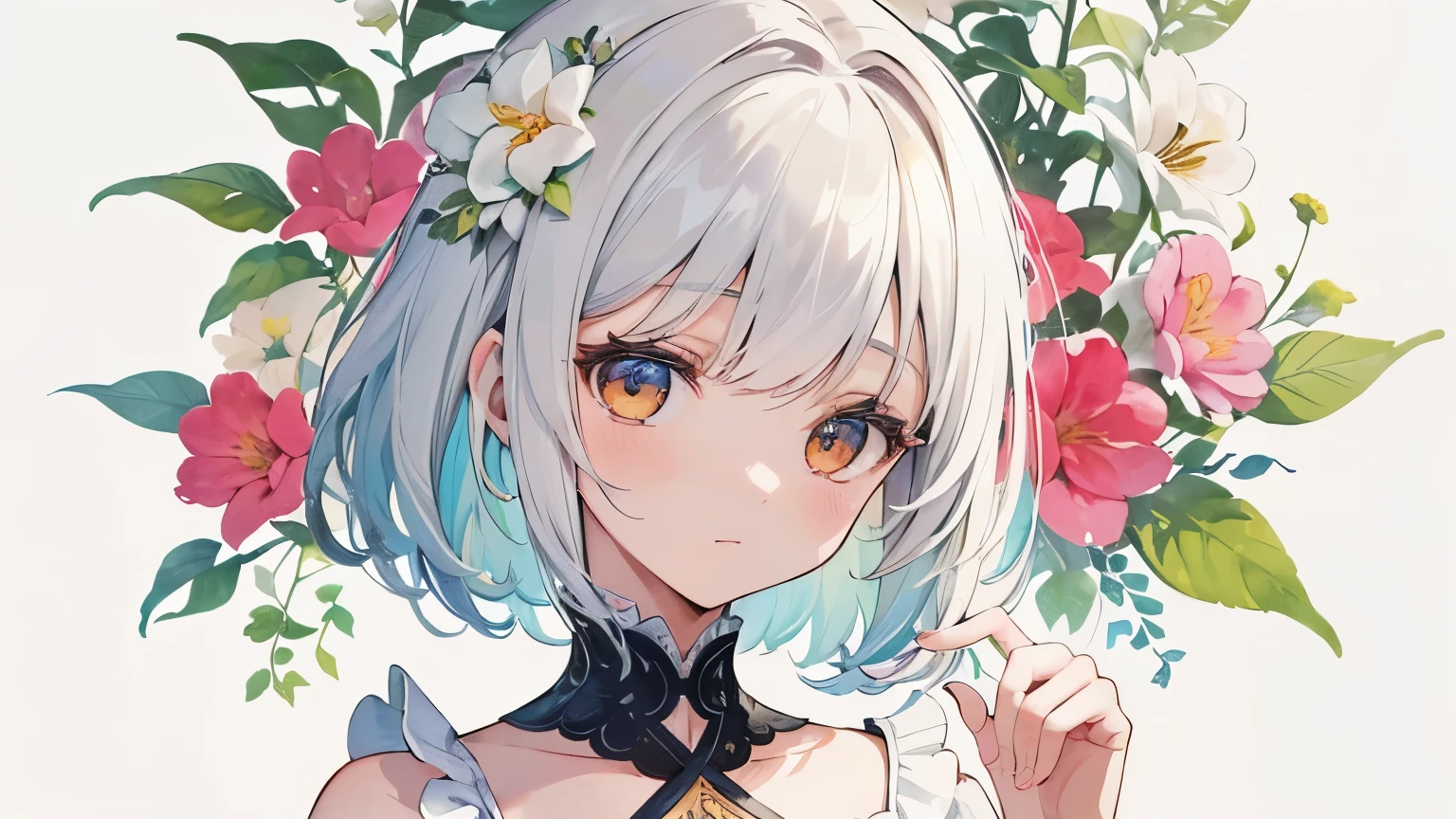 ((Super detailed), #3B4195 Antecedentes, hermosas flores, Bayas, helechos, hojas, Watercolor pattern of calming colors), (textura de acuarela), ((1 chica), cabello corto, lindo,