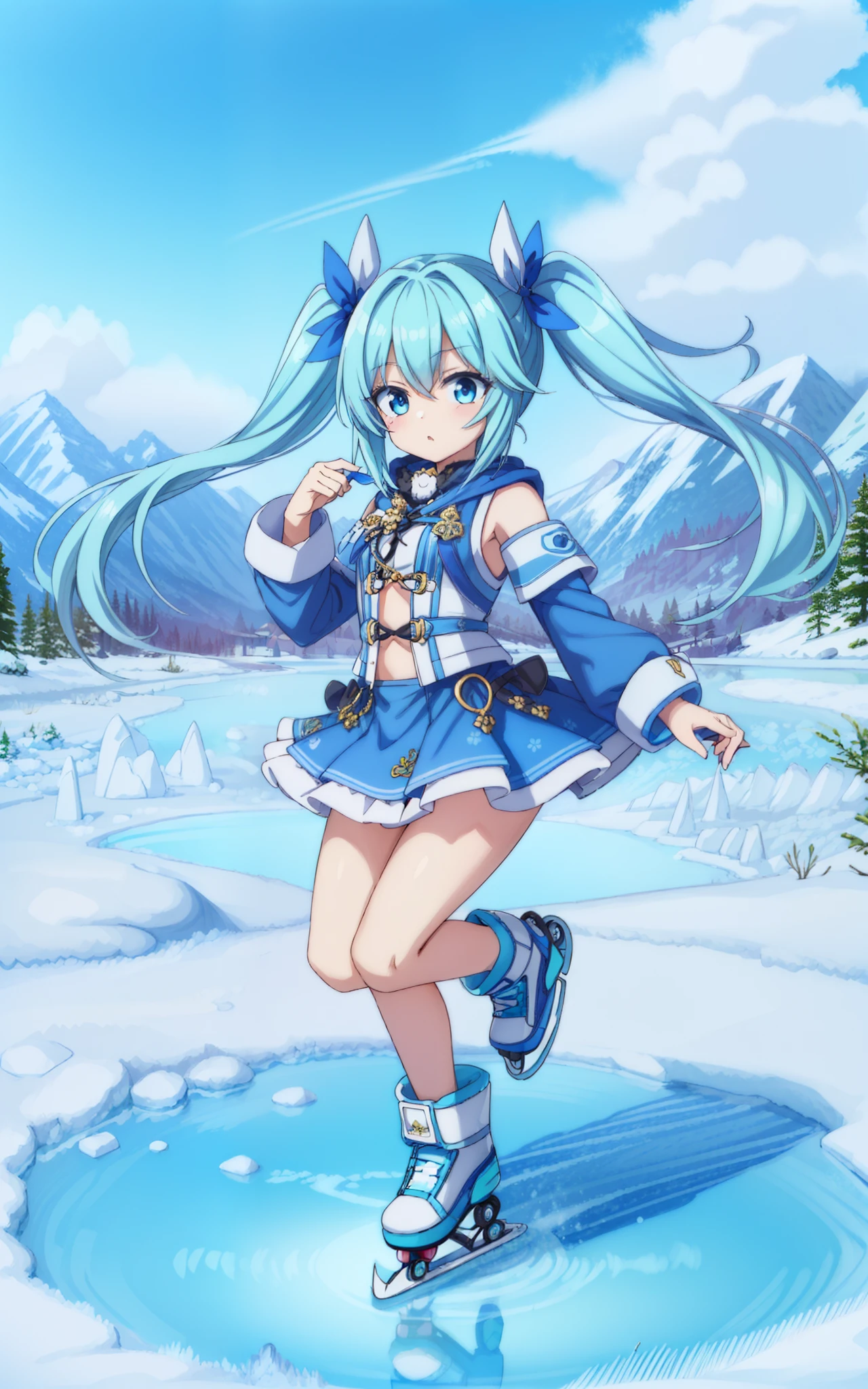 light blue long hair、Beautiful girl with twin tail hairstyle、Polaris skate on an icy lake,Spin and jump gracefully。 Large in the center、dark blue student,Dressed in blue,Mix with a little warm pink。 nature:A lively welcome,helpful。 hobby:photo shoot,skiing,skate,Ice sculpture。 scene:Polaris skate on an icy lake,She spins and jumps gracefully,dance beautifully。Her image is reflected in the ice,It's like a video
