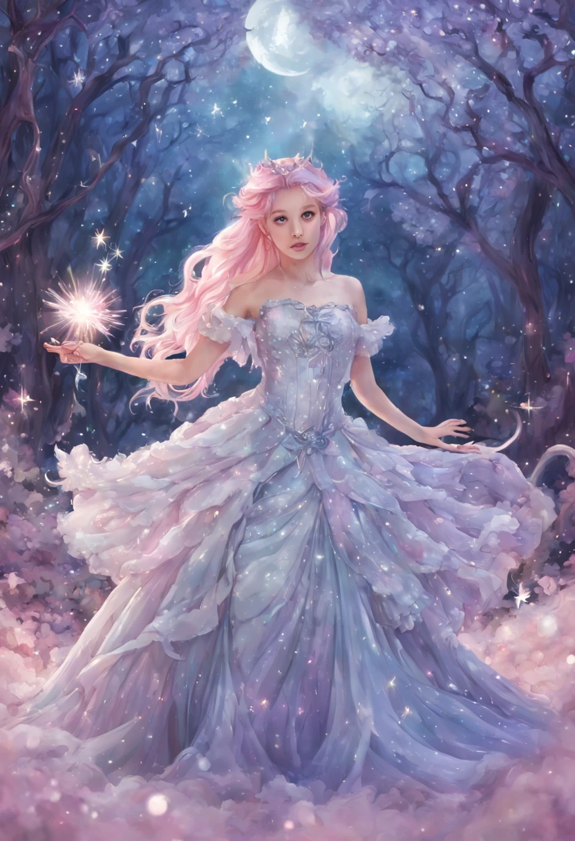 1girl, Amidst a moonlit forest, a young girl with flowing, pastel-colored hair stands surrounded by a swirl of sparkling stardust. Clad in a shimmering, frilly dress adorned with intricate magical symbols, she wields a staff that radiates a soft, ethereal glow. Her eyes glow with determination as she prepares to unleash her extraordinary powers against the forces of darkness.
