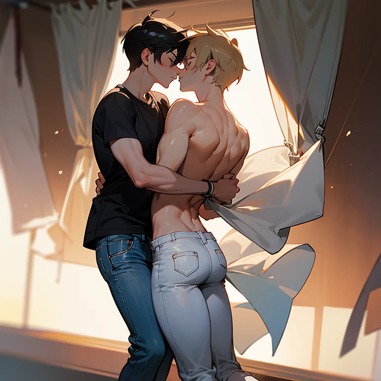 Two boys, toned bodies, locked in a tender kiss, their confused eyes meeting in the midst of the moment. Thongs revealed a hint of intimate intimacy, big bags slung over their shoulders adding a casual touch. White socks peeked out from beneath rolled-up jeans, the hem of their shorts flowing between their legs as they embraced each other tightly.