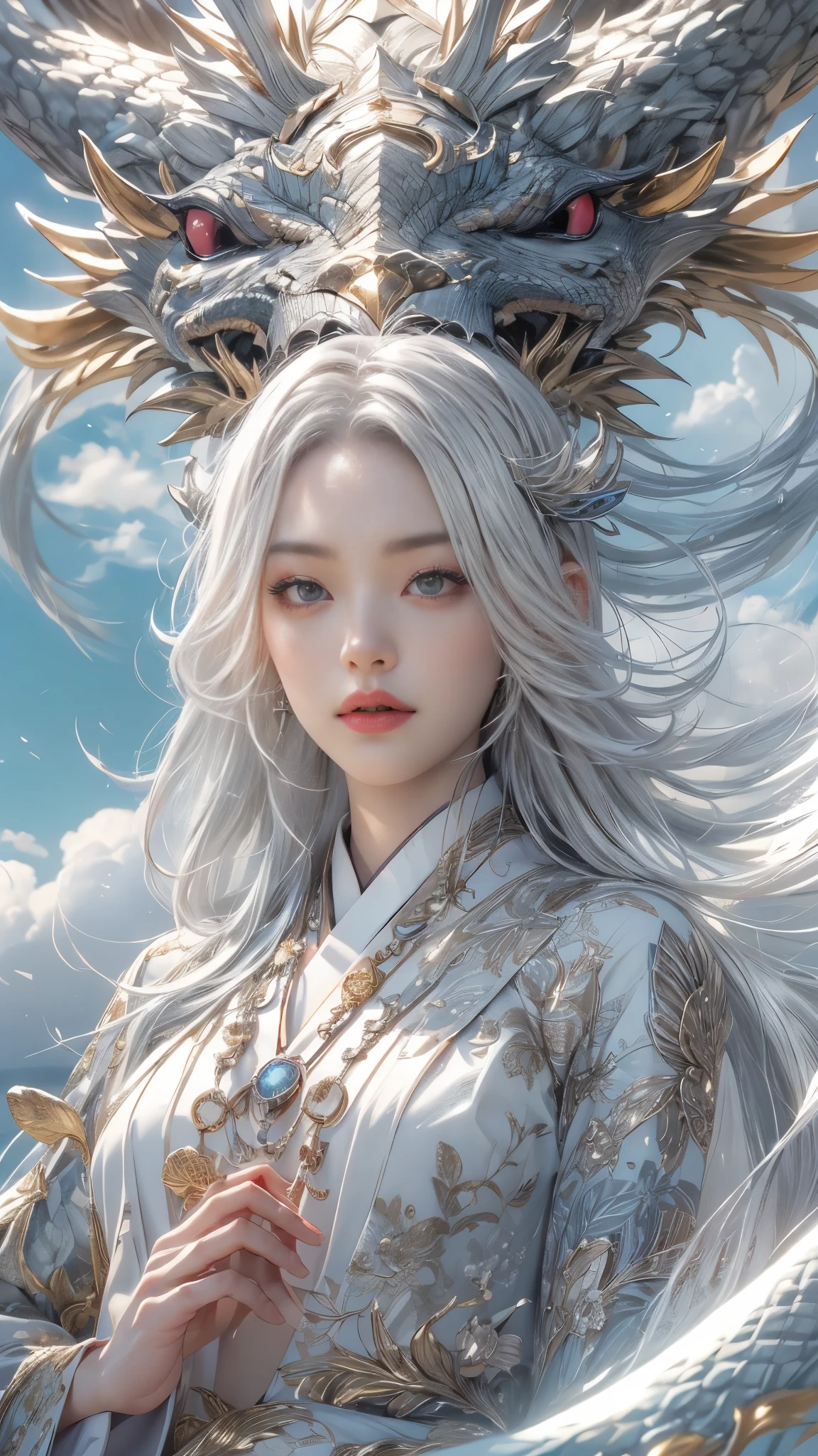 1woman with a dragon tail and silver horns, ((full body)), (adult body:1.2), (serenety face:1.3), (wearing an oriental kimono:1.1), (long silver hair:1.5), (peaceful look:0.6), (standing in the air:1.1), (look at the the viewer:1.3), (sky:1.2), heavenly background, flare lens, clouds, sunray, lightining, 4k, hyper detailed, hyper realistic, highest quality, masterpiece ever, Ultra high definition, Ultra-realistic, 8K, (full length image:1.2), (From the feet to the top of the head:1.6).