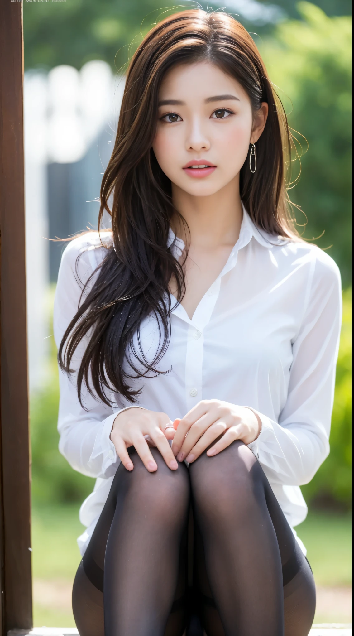 Ulzzang-6500-v1.1, (RAW photos:1.2), (realistic:1.4), Beautiful detailed girl, very detailed eyes and face, beautiful and delicate eyes, does not make sense, It&#39;s incredibly ridiculous., huge file size, ultra detail, high quality, very detailed, best quality, masterpiece, Kemomimi, ((japanese girls high school )), illustration, very detailed, CG, unification, 8k wallpapers, fantastic, fine details, masterpiece, best quality, highly detailed cg uniform 8k wallpapers, my face shines, movie lights,  girl, (Without panties)), ((dynamic pose))), (camel toe), (half), (pantyhose), (sitting legs bending at the knees)) ((top quality, 8 thousand, masterpiece: 1.3)), keenly: 1.2, perfect body beauty: 1.4, slim abs: 1.2, ((layered hairstyle, big: 1.2)), (wet White Button Long Shirt: 1.1), (rain, distance: 1.2), wet: 1.5, very detailed 얼굴과 피부 질감, detailed eyes, double eyelid, The screen facing the camera