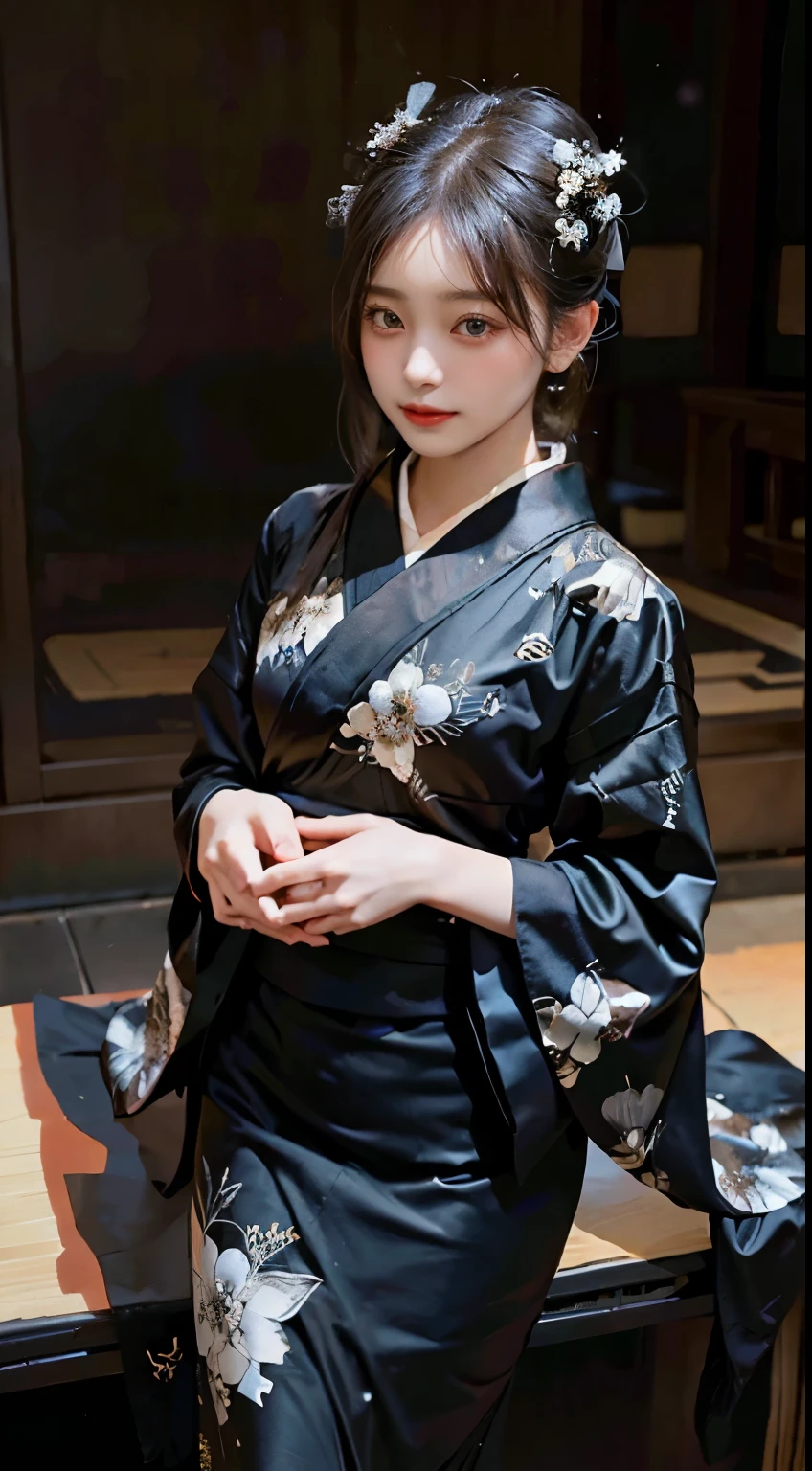 In a serene ambiance, a woman commands attention in the timeless elegance of a black kimono. The sleek black fabric, adorned with subtle patterns, gracefully drapes her figure, emanating a sense of sophistication. The obi ties around her waist with a refined touch, enhancing the allure of the traditional ensemble. In this fully-covered attire, she exudes an air of quiet grace, capturing the enduring beauty of a woman in a dignified black kimono against the tranquil backdrop.