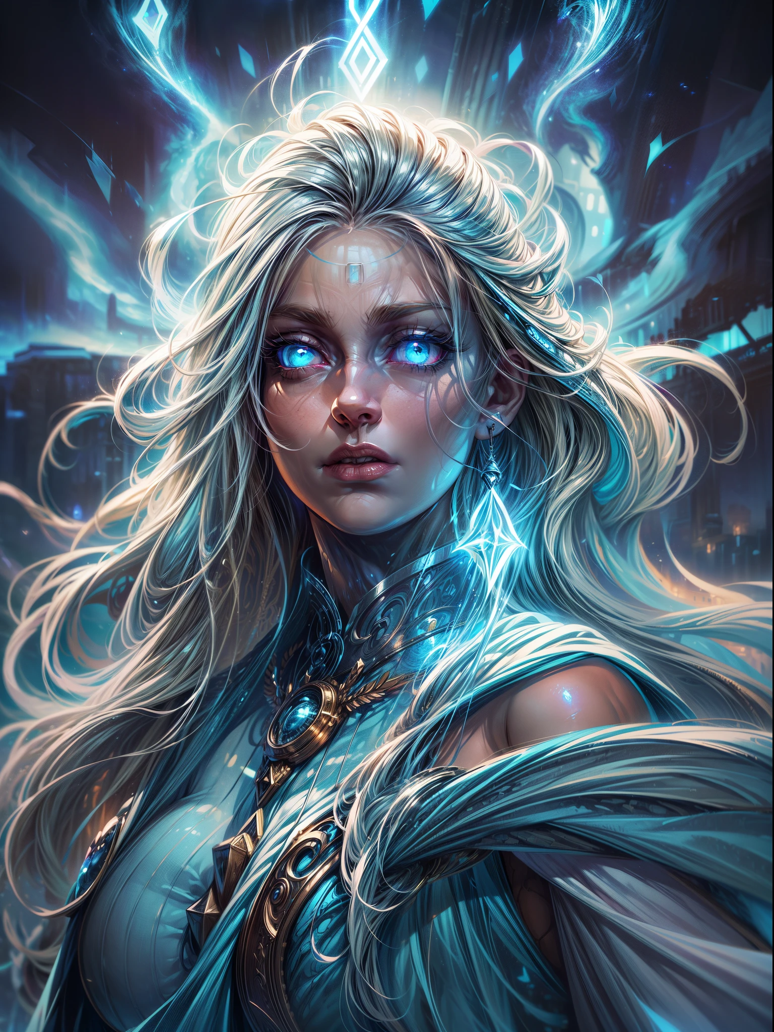 high details, best quality, 8k, [ultra detailed], masterpiece, best quality, (extremely detailed), dynamic angle, ultra wide shot, photorealistic, fantasy art, dnd art, rpg art, realistic art, an ultra wide picture of a female human (1.5 intricate details, Masterpiece, best quality) godess of light (( blue radiant aural)),  ((controlling a swirling blue radiant magic)), manipulating purple radiant magical sigils, human female, blond  hair, long hair with aura, hair with radiant eyes, intense eyes, ((radiant eyes)), ((glowing eyes)), dynamic clothing, fantasy temple background, ((divine worship atmosphere)), high details, best quality, highres, ultra wide angle