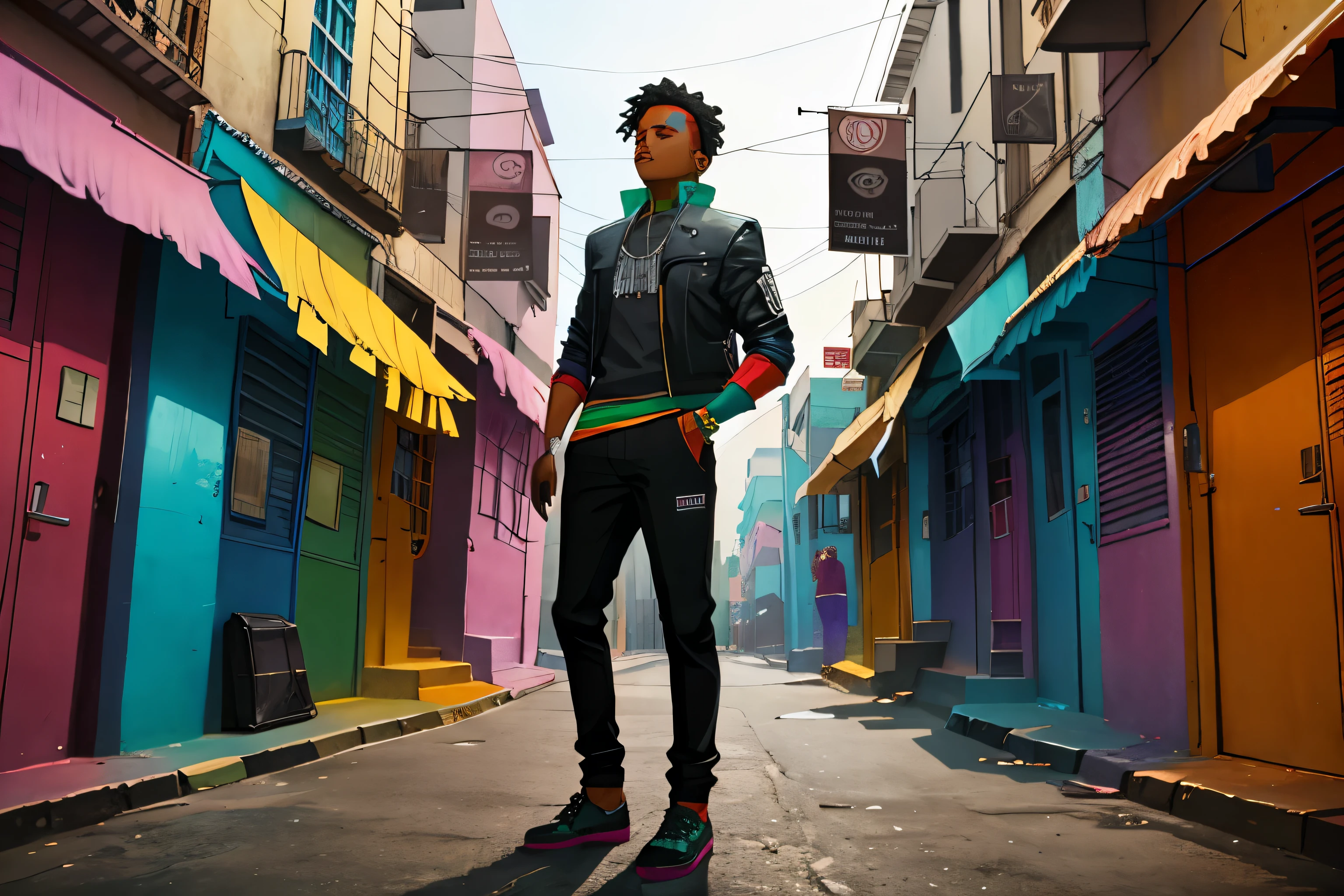 A black stout rapper boy, standing on the screets, colourful scene, vibrant colors, indian streets, cokl,album cover