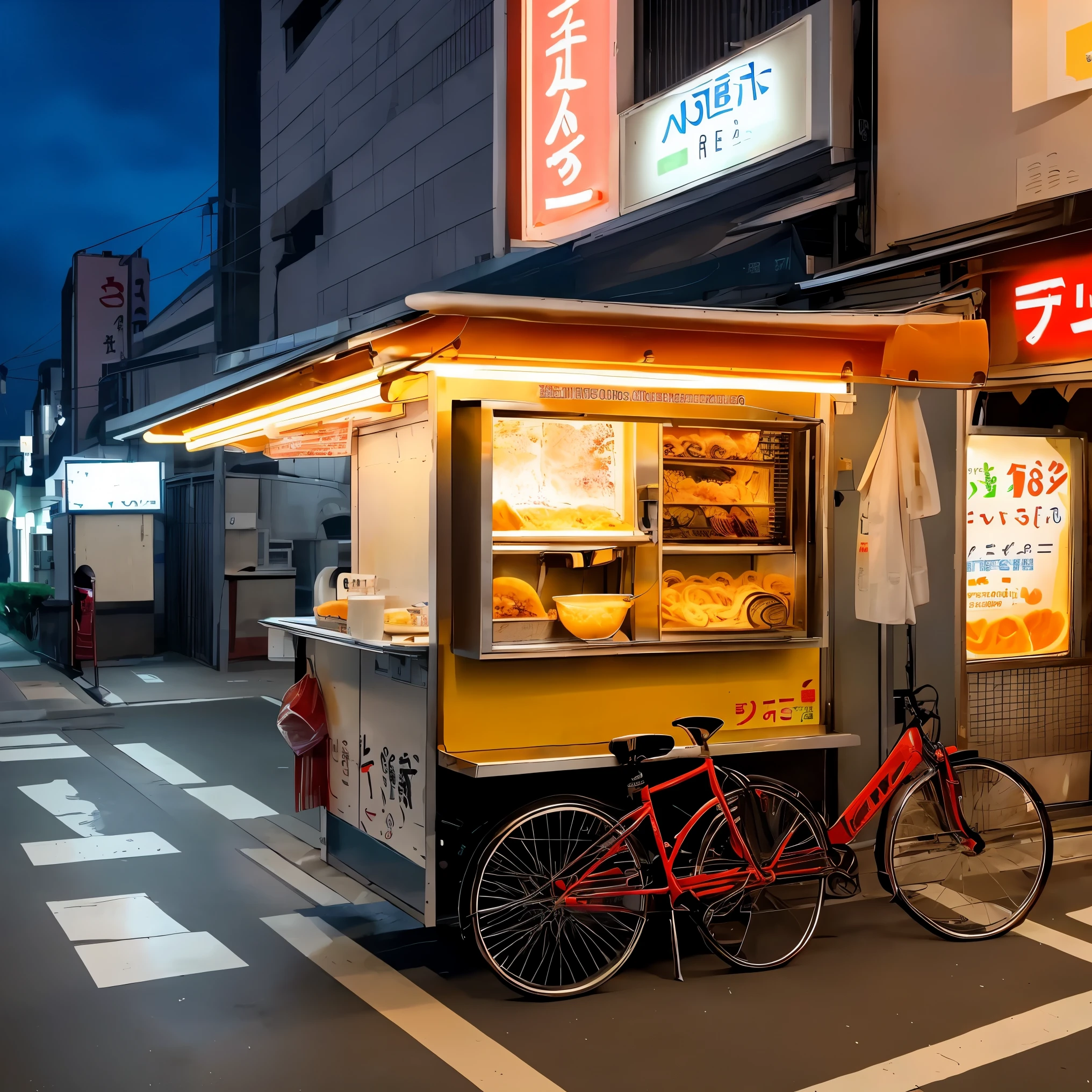 Old fashioned ramen cart, parked in an alley in Tokyo, night, beautiful neon light
